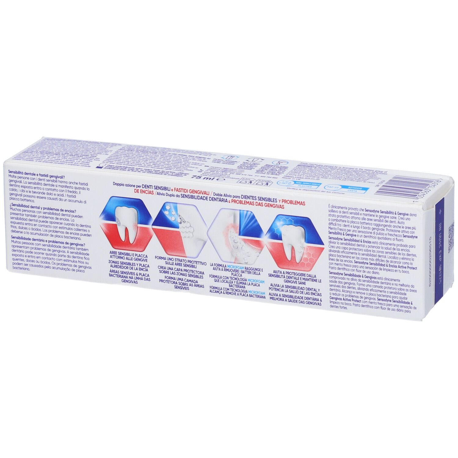 Retro della confezione del dentifricio. Testo e illustrazioni. Principalmente bianco e blu. Informazioni sulla cura dei denti.