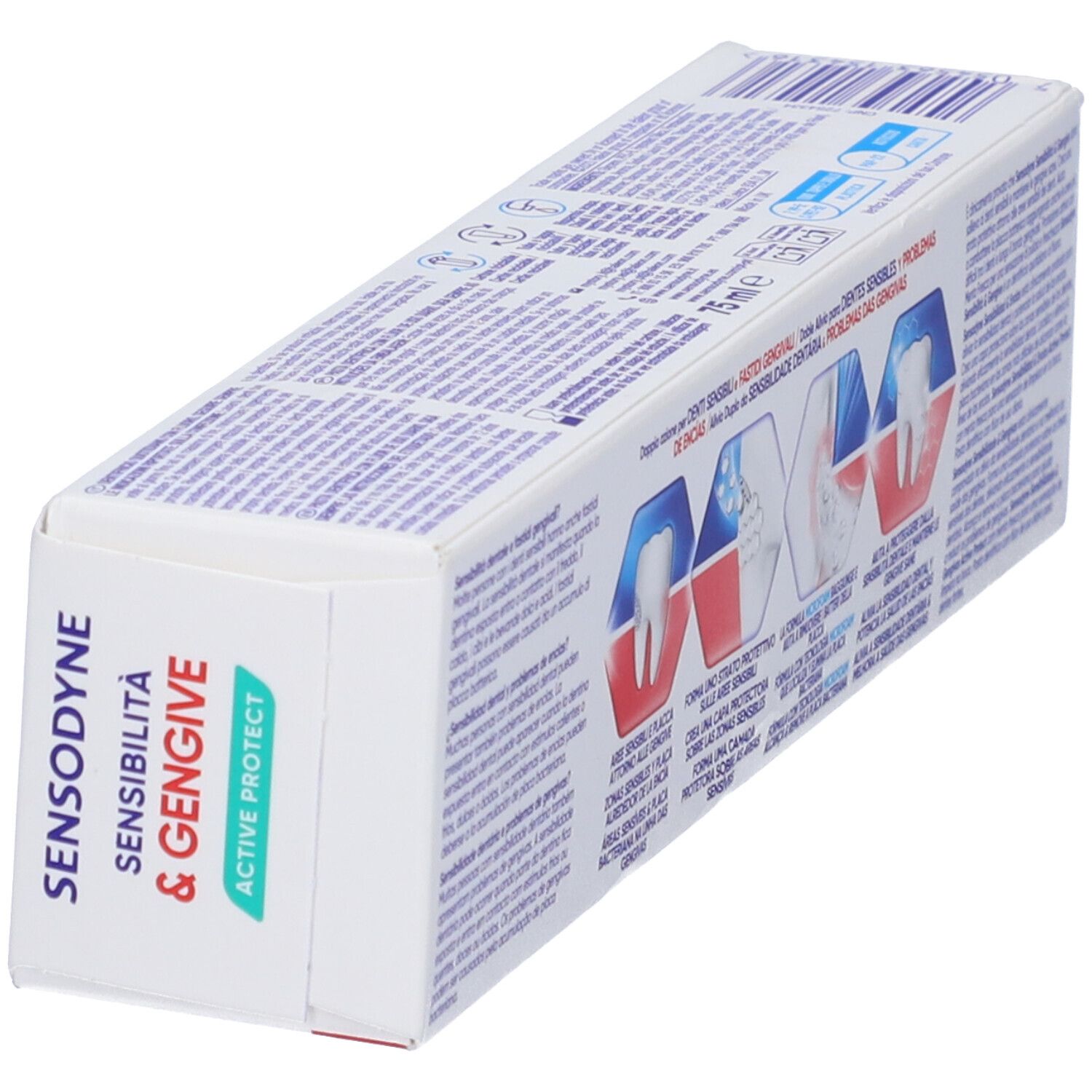 Confezione di dentifricio. Bianco, blu e verde. Testo: Sensodyne, Sensibilità & Gengive, Active Protect. Vista obliqua.