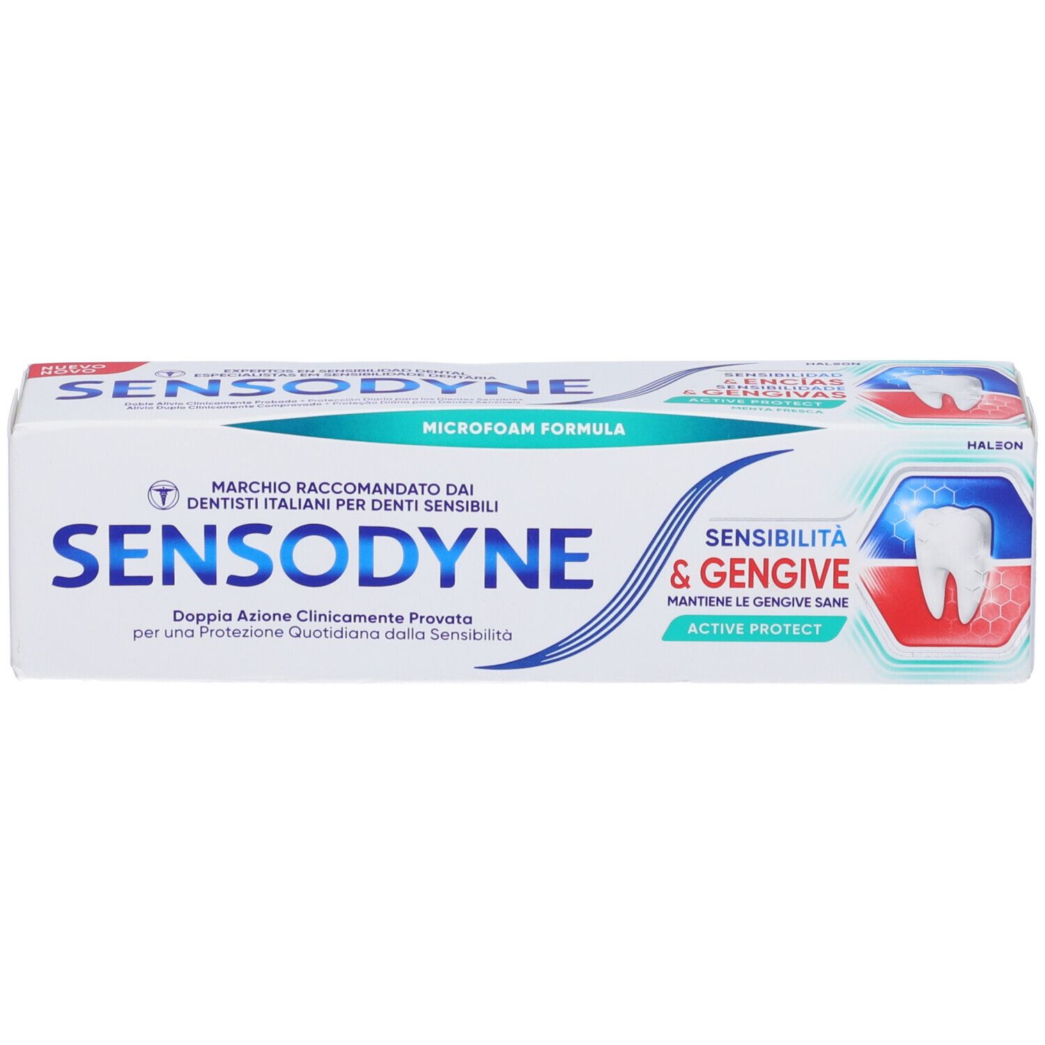 Confezione di dentifricio. Bianco, blu e verde. Testo: Sensodyne, Sensibilità & Gengive, Active Protect. Illustrazione dente.