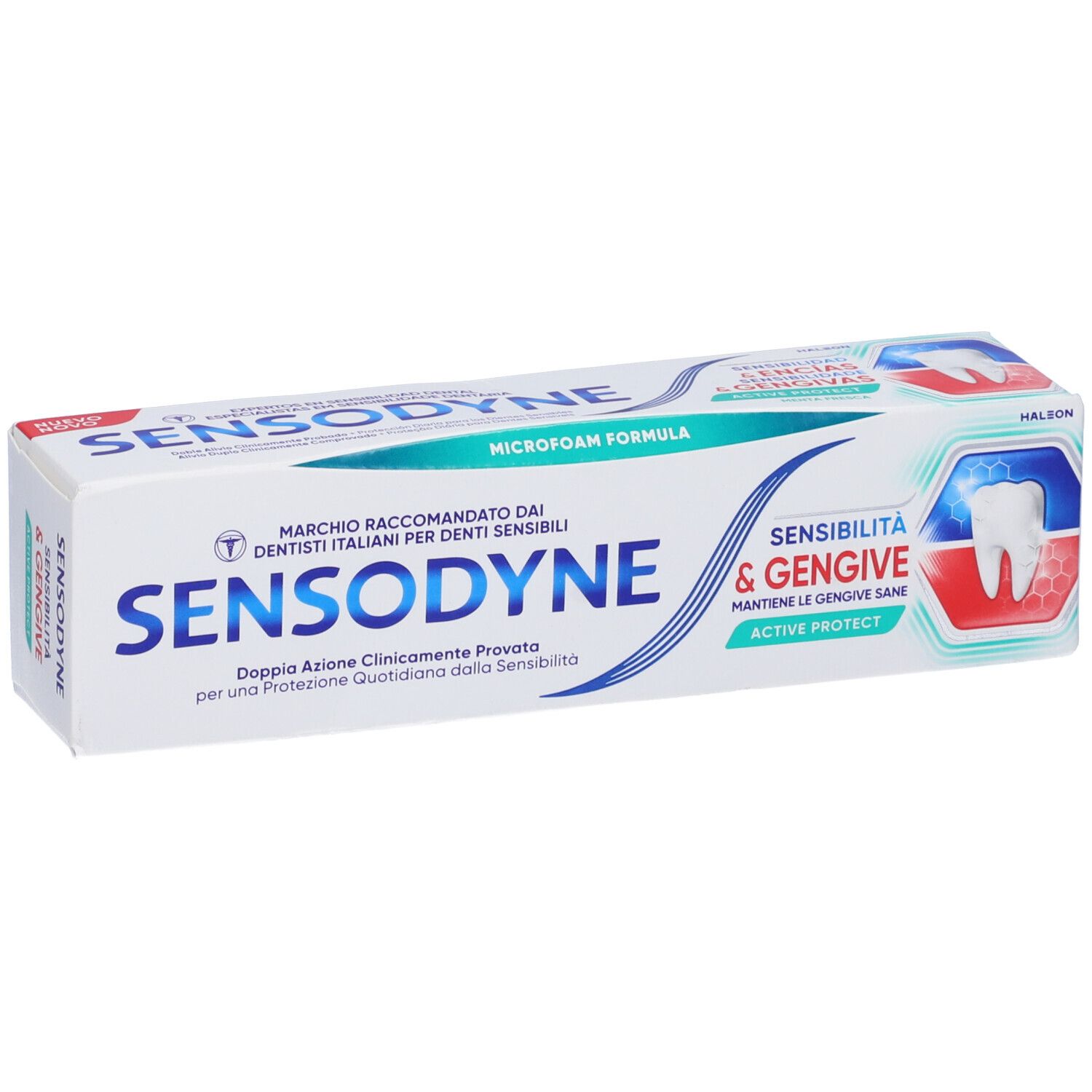 Confezione di dentifricio. Bianco, blu e verde. Testo: Sensodyne, Sensibilità & Gengive, Active Protect. Illustrazione dente.