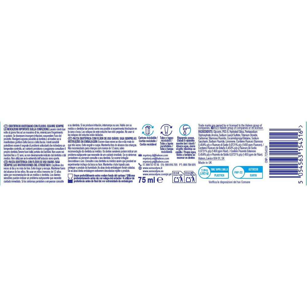 Zahnpastatube mit 75 ml Inhalt, Informationen und Symbole aufgedruckt.