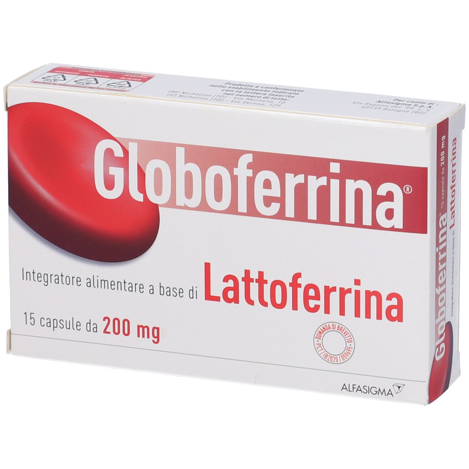 Scatola di capsule "Globoferrina Lattoferrina". 15 capsule da 200 mg. Logo rosso. Sfondo bianco.