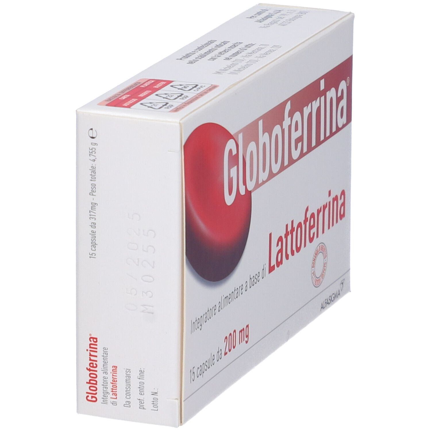 Scatola "Globoferrina Lattoferrina" in prospettiva. 15 capsule da 200 mg. Logo rosso. Sfondo bianco.