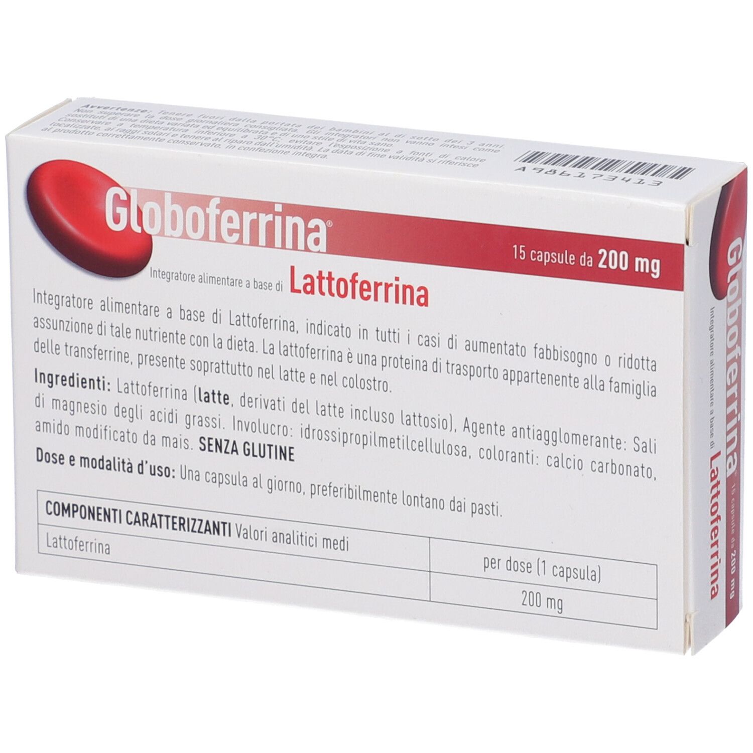 Scatola "Globoferrina Lattoferrina". 15 capsule da 200 mg. Testo e ingredienti. Sfondo bianco.