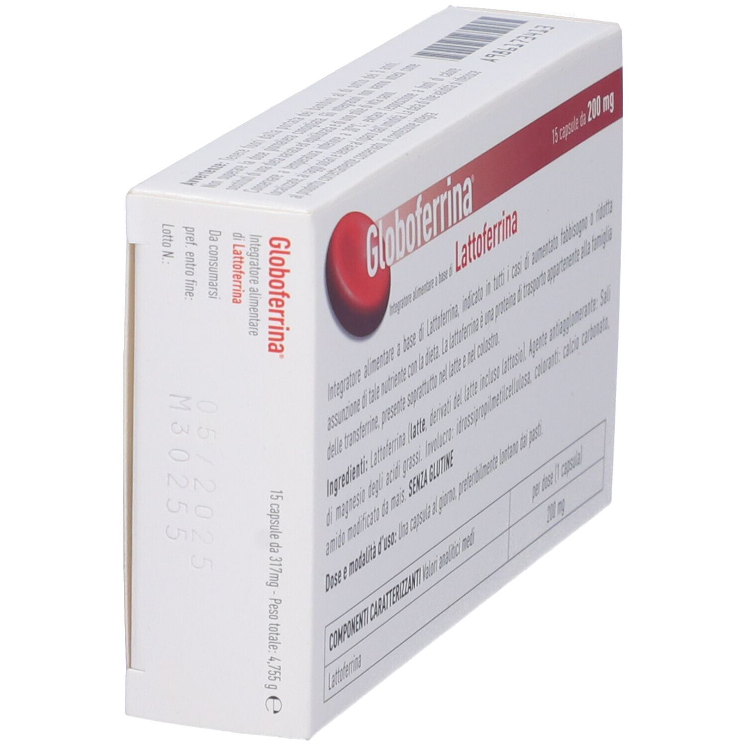 Scatola "Globoferrina Lattoferrina" in prospettiva. 15 capsule da 200 mg. Testo e ingredienti. Sfondo bianco.
