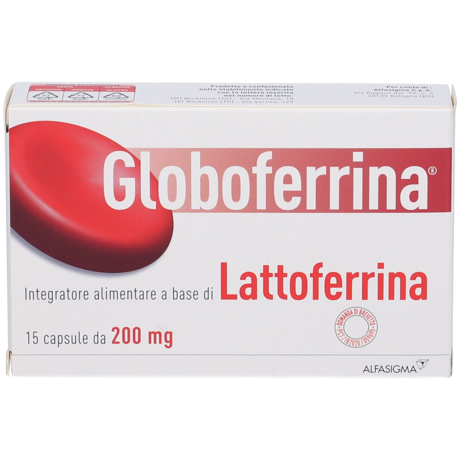 Scatola "Globoferrina Lattoferrina". 15 capsule da 200 mg. Logo rosso. Sfondo bianco.