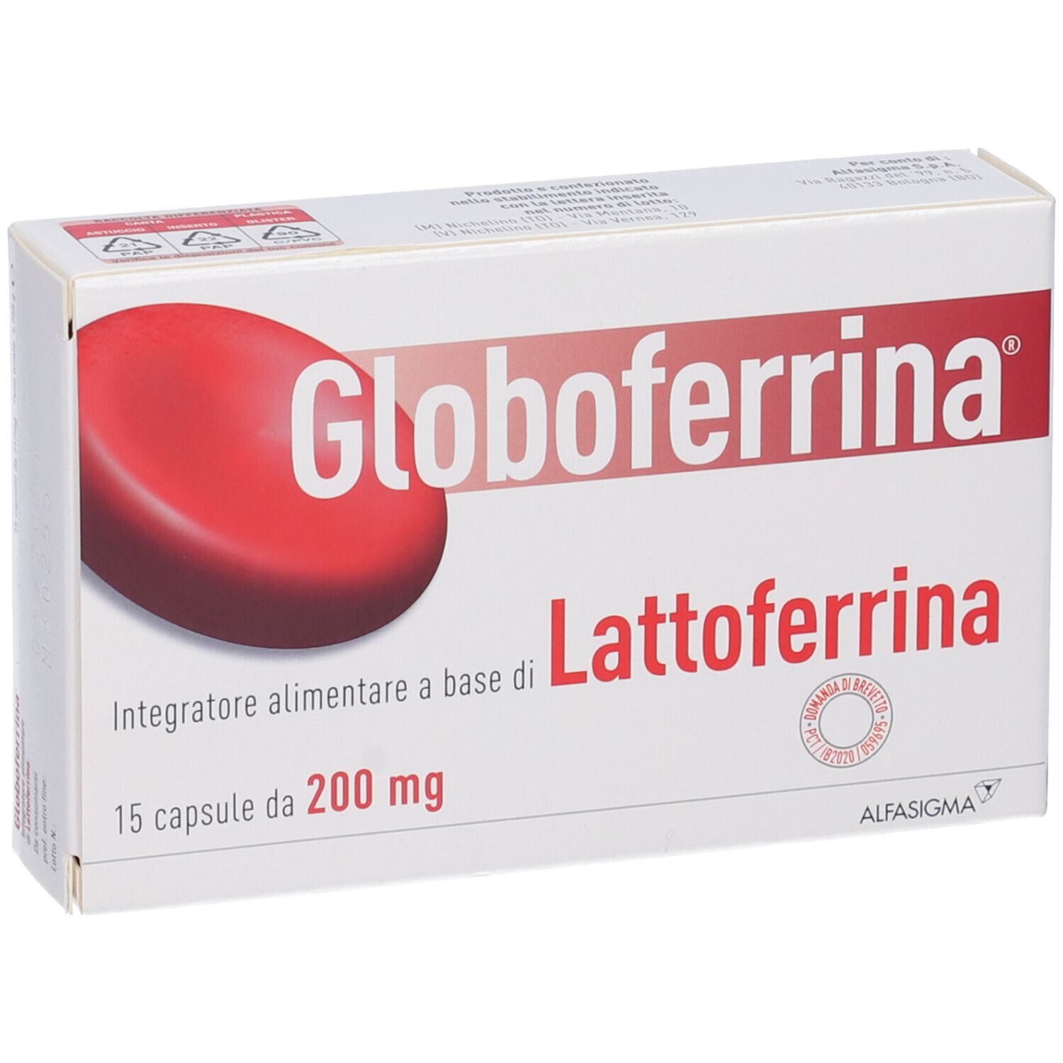 Scatola "Globoferrina Lattoferrina". 15 capsule da 200 mg. Logo rosso. Sfondo bianco.