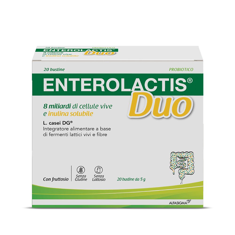 Verpackung von Enterolactis Duo. Enthält 20 Beutel. Aufschrift: 8 Milliarden lebende Zellen und lösliches Inulin. Ohne Gluten und Laktose.