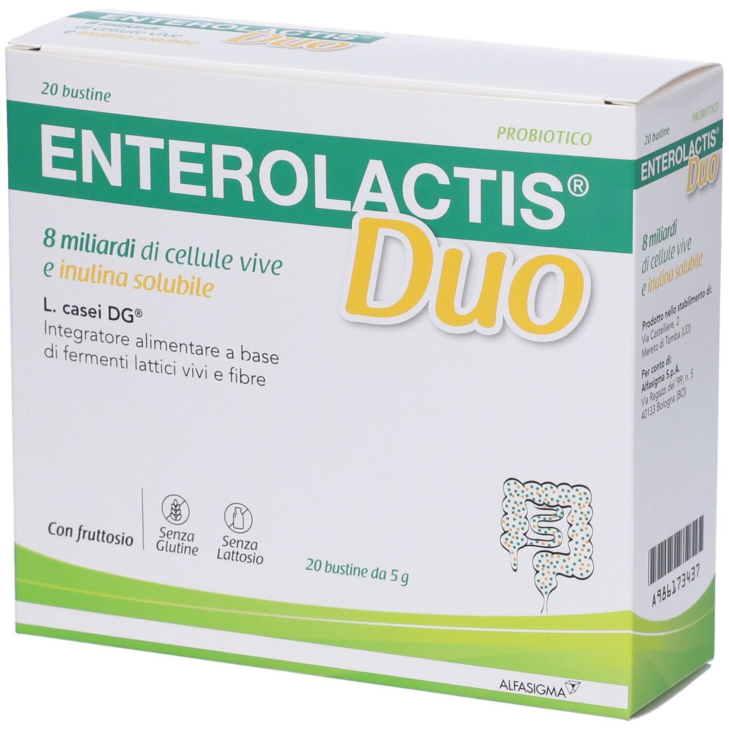 Verpackung von Enterolactis Duo. Enthält 20 Beutel. Aufschrift: 8 Milliarden lebende Zellen und lösliches Inulin. Ohne Gluten und Laktose.