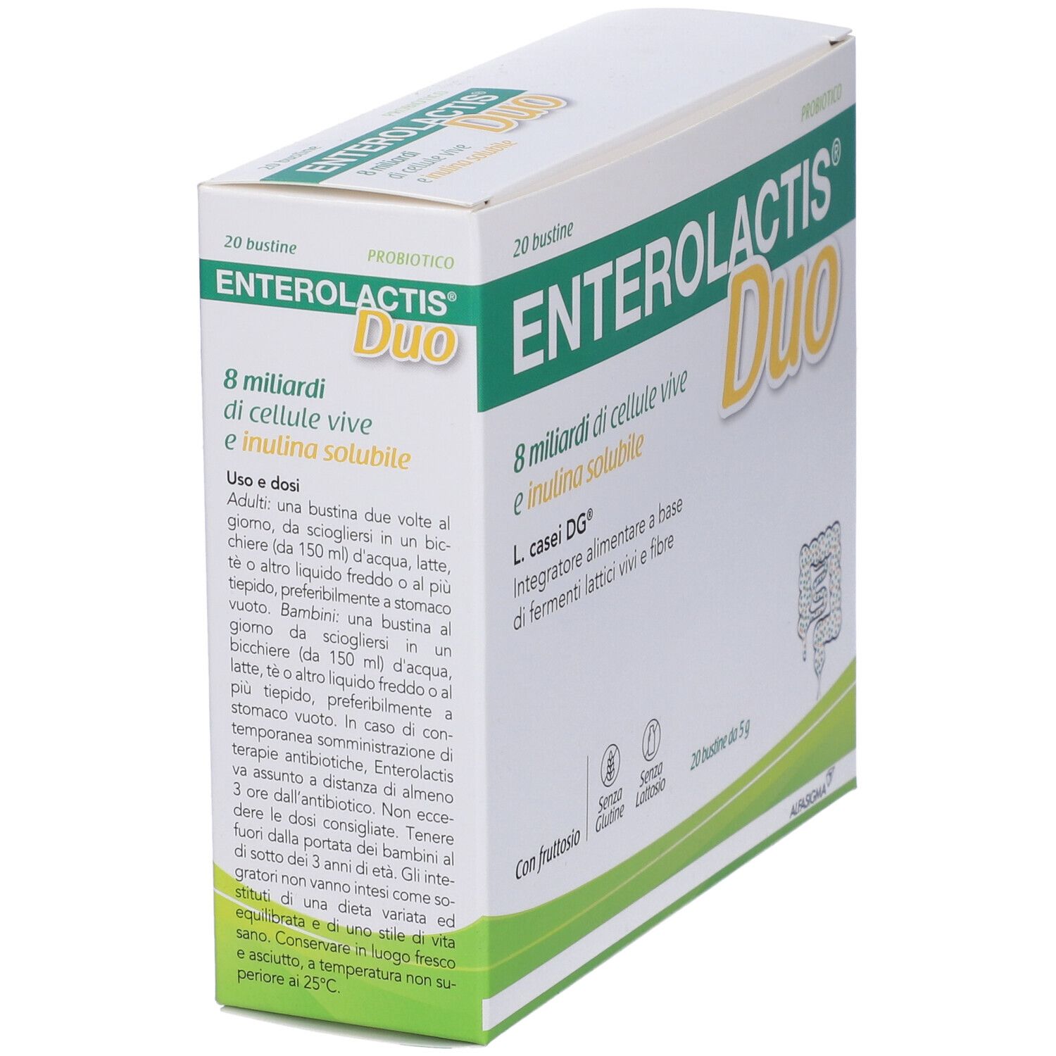 Verpackung von Enterolactis Duo. Enthält 20 Beutel. Gebrauchsanweisung auf der Verpackung.