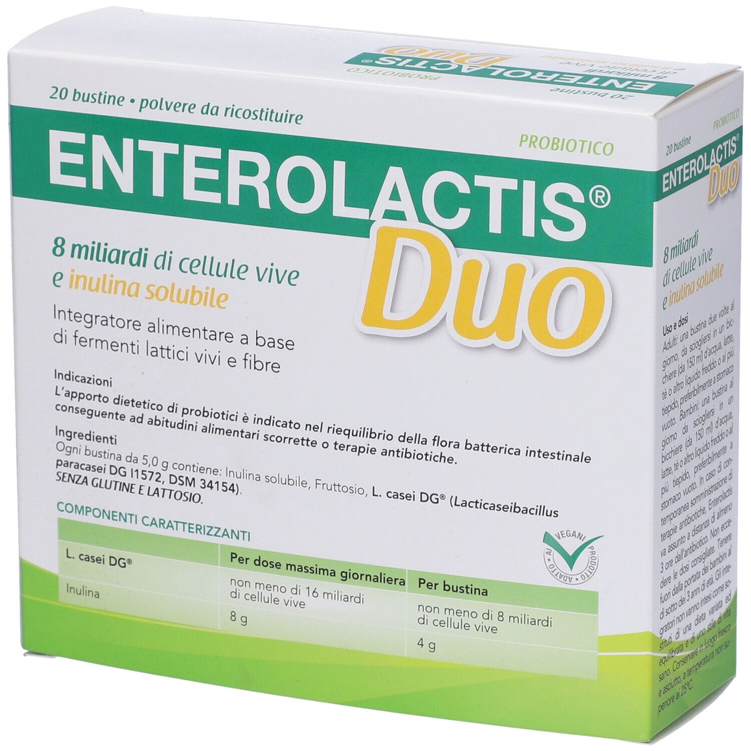 Verpackung von Enterolactis Duo. Enthält 20 Beutel. Inhaltsstoffe und Nährwertangaben.