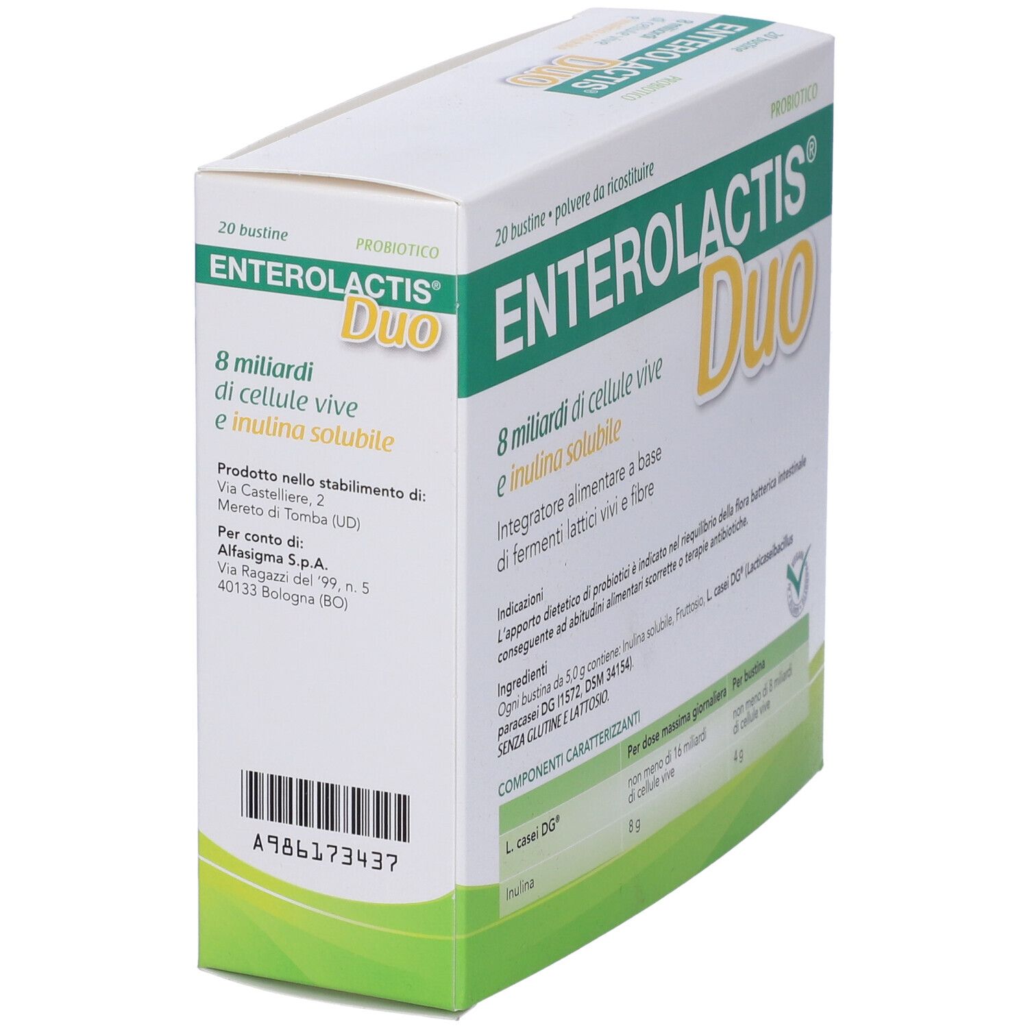 Verpackung von Enterolactis Duo. Enthält 20 Beutel. Anschrift des Herstellers.