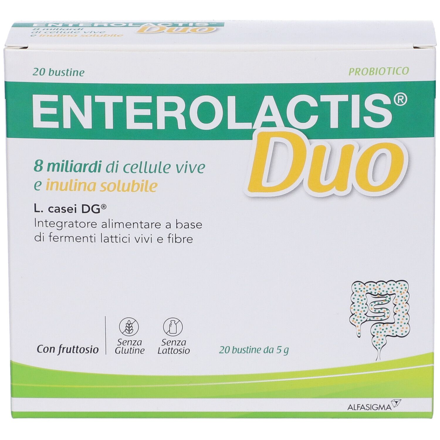 Verpackung von Enterolactis Duo. Enthält 20 Beutel. Aufschrift: 8 Milliarden lebende Zellen und lösliches Inulin. Ohne Gluten und Laktose.