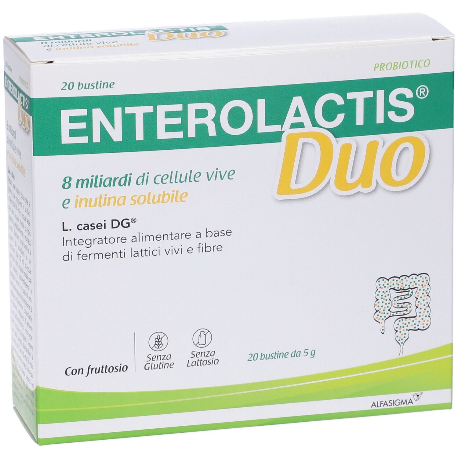 Verpackung von Enterolactis Duo. Enthält 20 Beutel. Aufschrift: 8 Milliarden lebende Zellen und lösliches Inulin. Ohne Gluten und Laktose.
