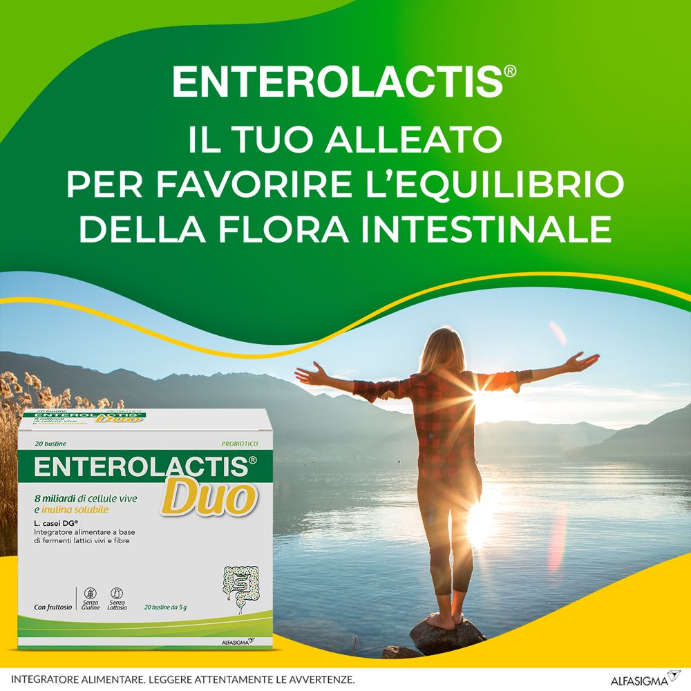 Enterolactis Duo-Verpackung vor einer Landschaft. Text: Fördert das Gleichgewicht der Darmflora. Enthält 20 Beutel.
