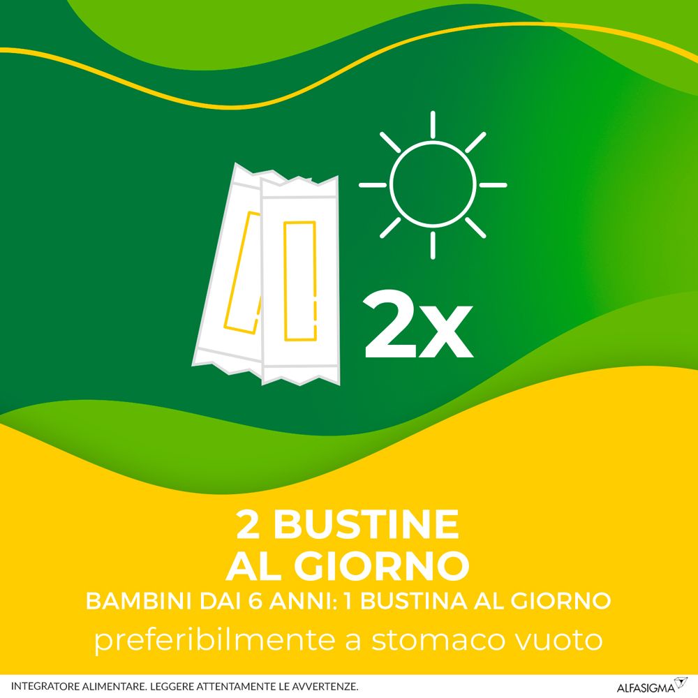 Zwei Enterolactis Duo-Beutel. Text: 2 Beutel pro Tag. Kinder ab 6 Jahren: 1 Beutel pro Tag, vorzugsweise auf nüchternen Magen.