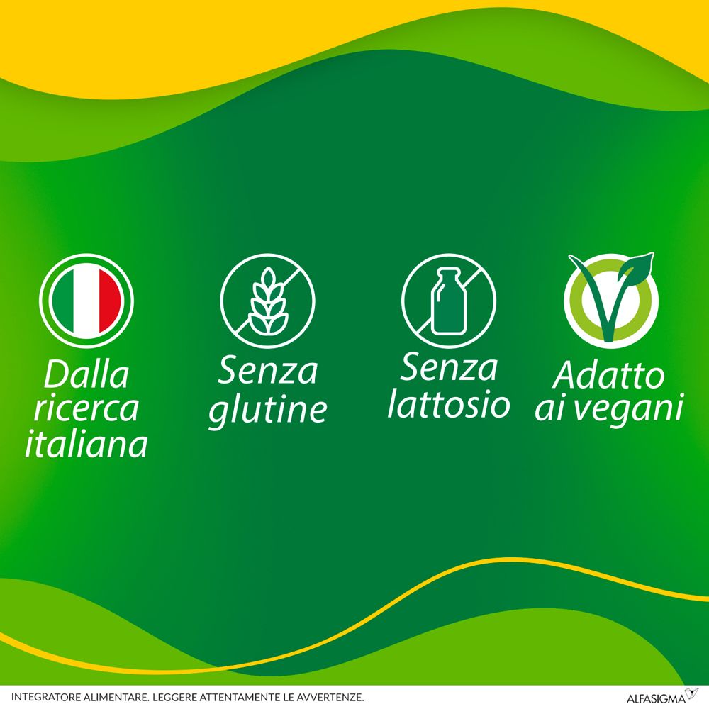Symbole: Hergestellt in Italien, glutenfrei, laktosefrei, für Veganer geeignet.