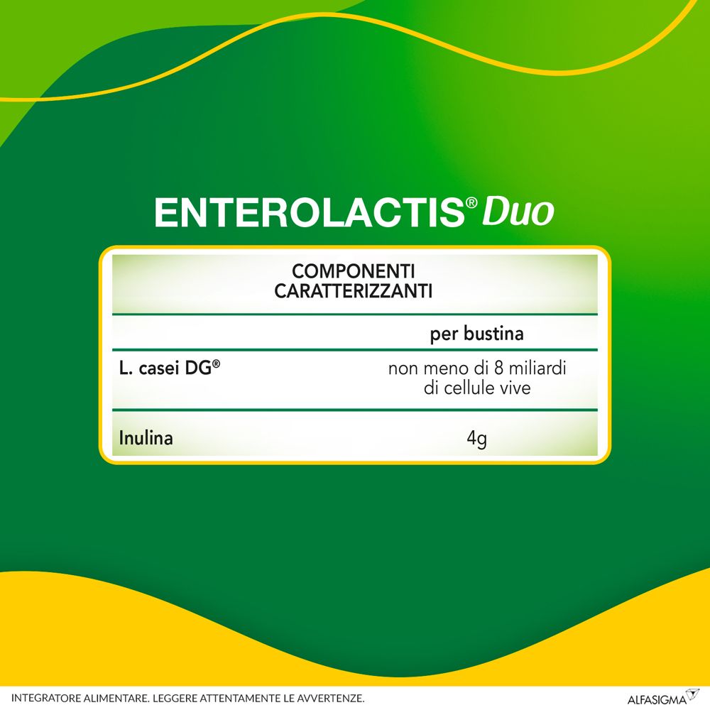 Enterolactis Duo-Informationstabelle. Enthält L. casei DG und Inulin. Pro Beutel: nicht weniger als 8 Milliarden lebende Zellen und 4g Inulin.