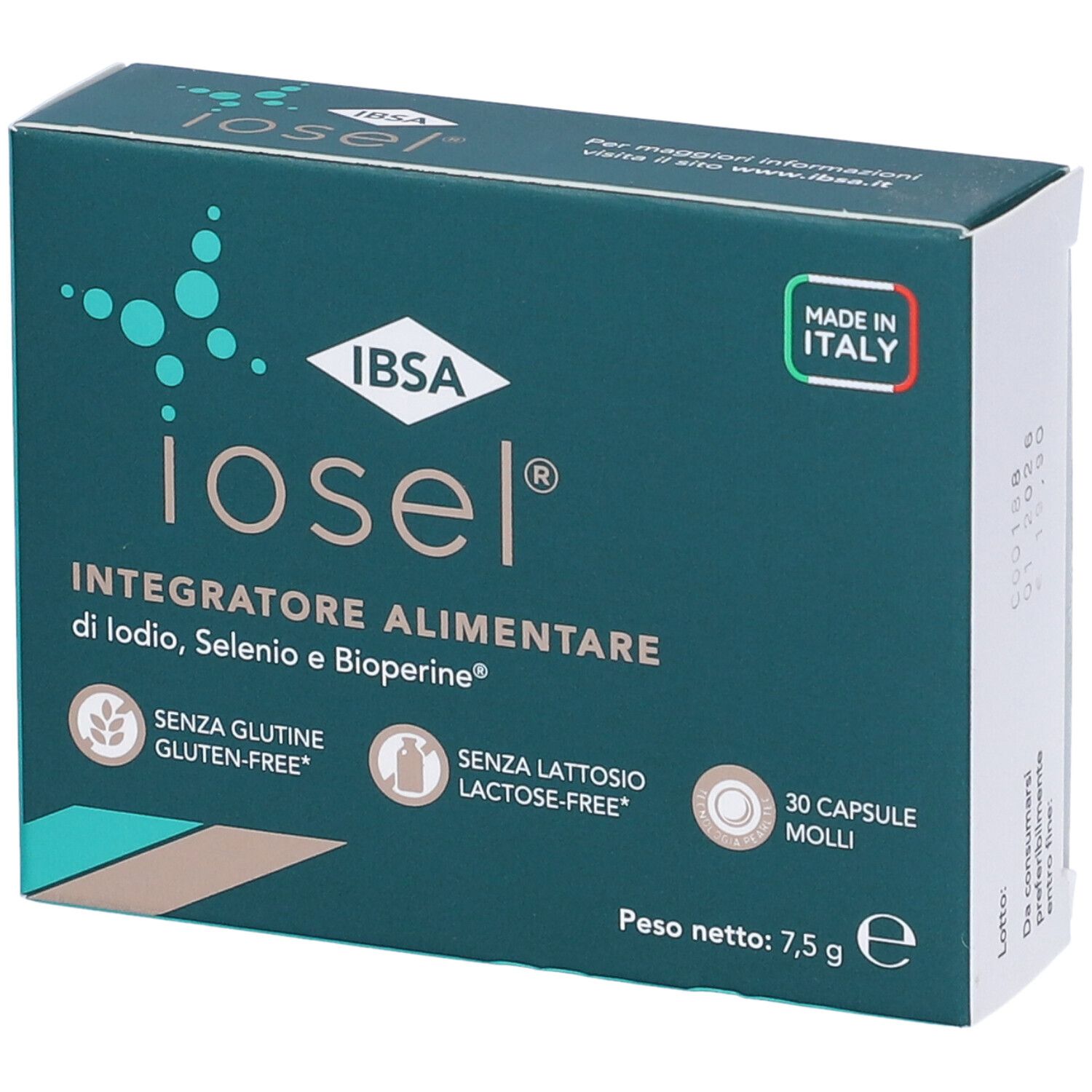 Scatola verde scuro "iosel". Contiene 30 capsule. Senza glutine e lattosio. Prodotto in Italia. Peso netto 7,5 g.