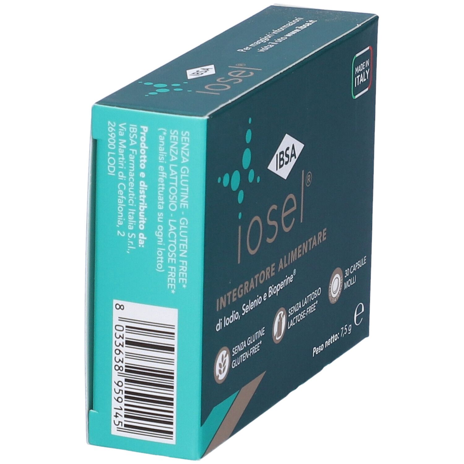 Scatola "iosel" in prospettiva. Testo: Integratore Alimentare. Senza glutine e lattosio. Prodotto in Italia. 30 capsule.