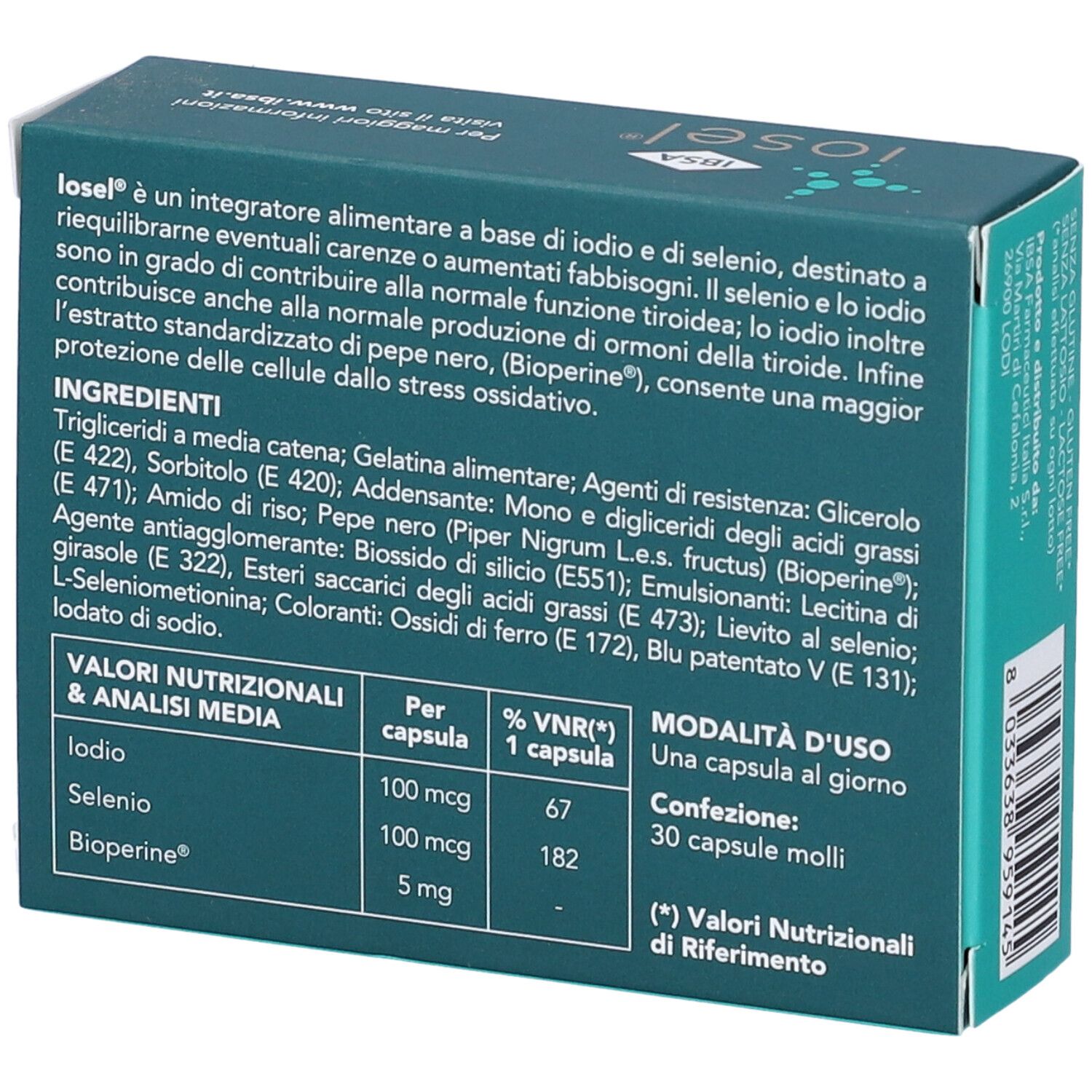 Retro della scatola "iosel". Ingredienti, informazioni nutrizionali e modalità d'uso. 30 capsule.