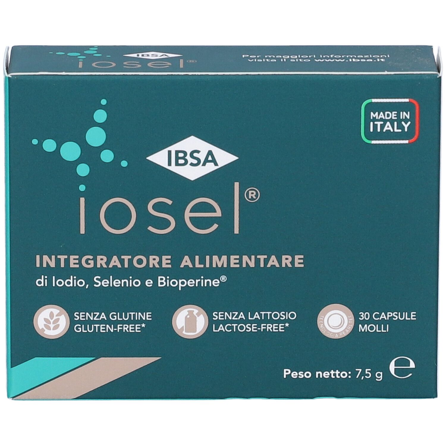 Scatola verde scuro "iosel". Testo: Integratore Alimentare. Senza glutine e lattosio. 30 capsule. Made in Italy.