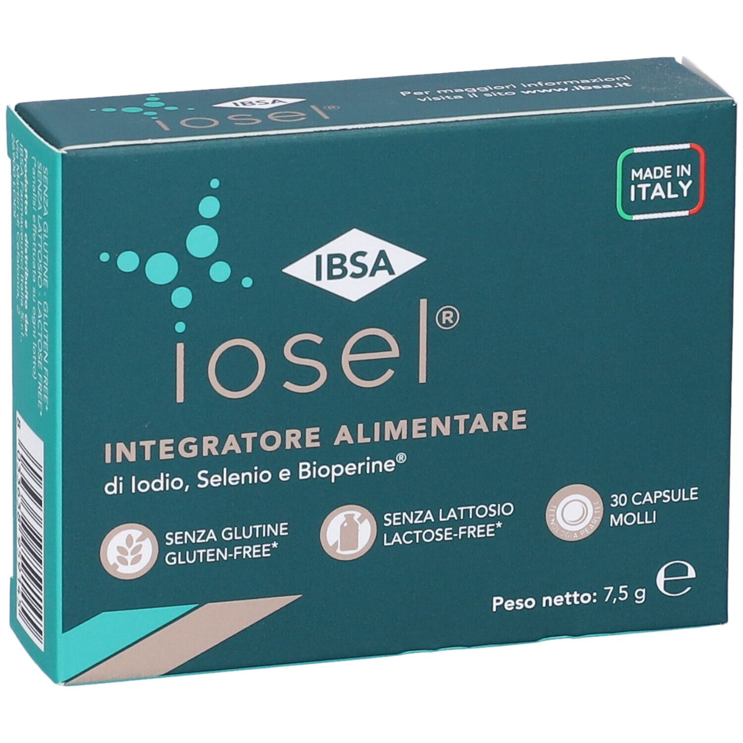 Scatola verde scuro "iosel". Testo: Integratore Alimentare. Senza glutine e lattosio. 30 capsule. 7,5 g.