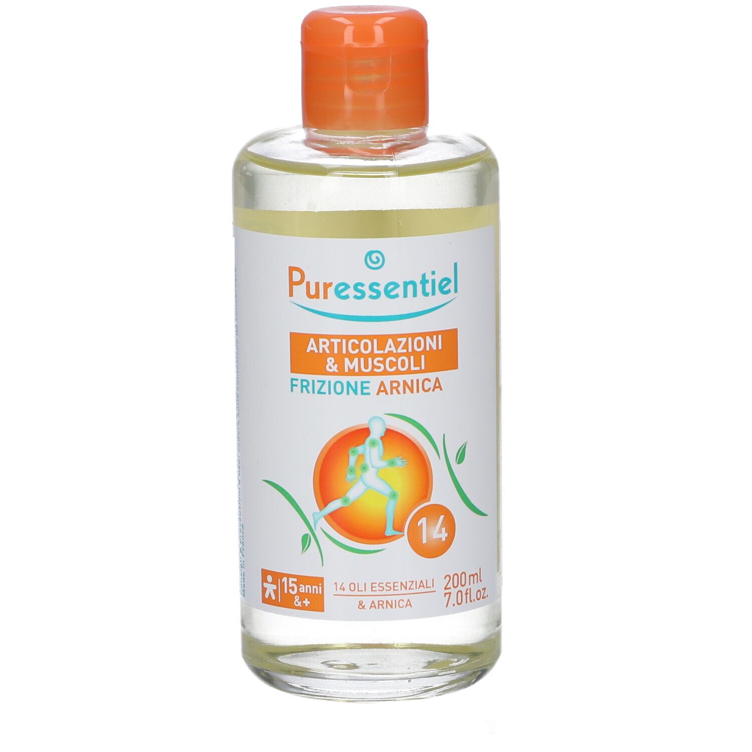 Flacone con tappo arancione. Scritta: Articolazioni & Muscoli Frizione Arnica. Contiene 14 oli essenziali.