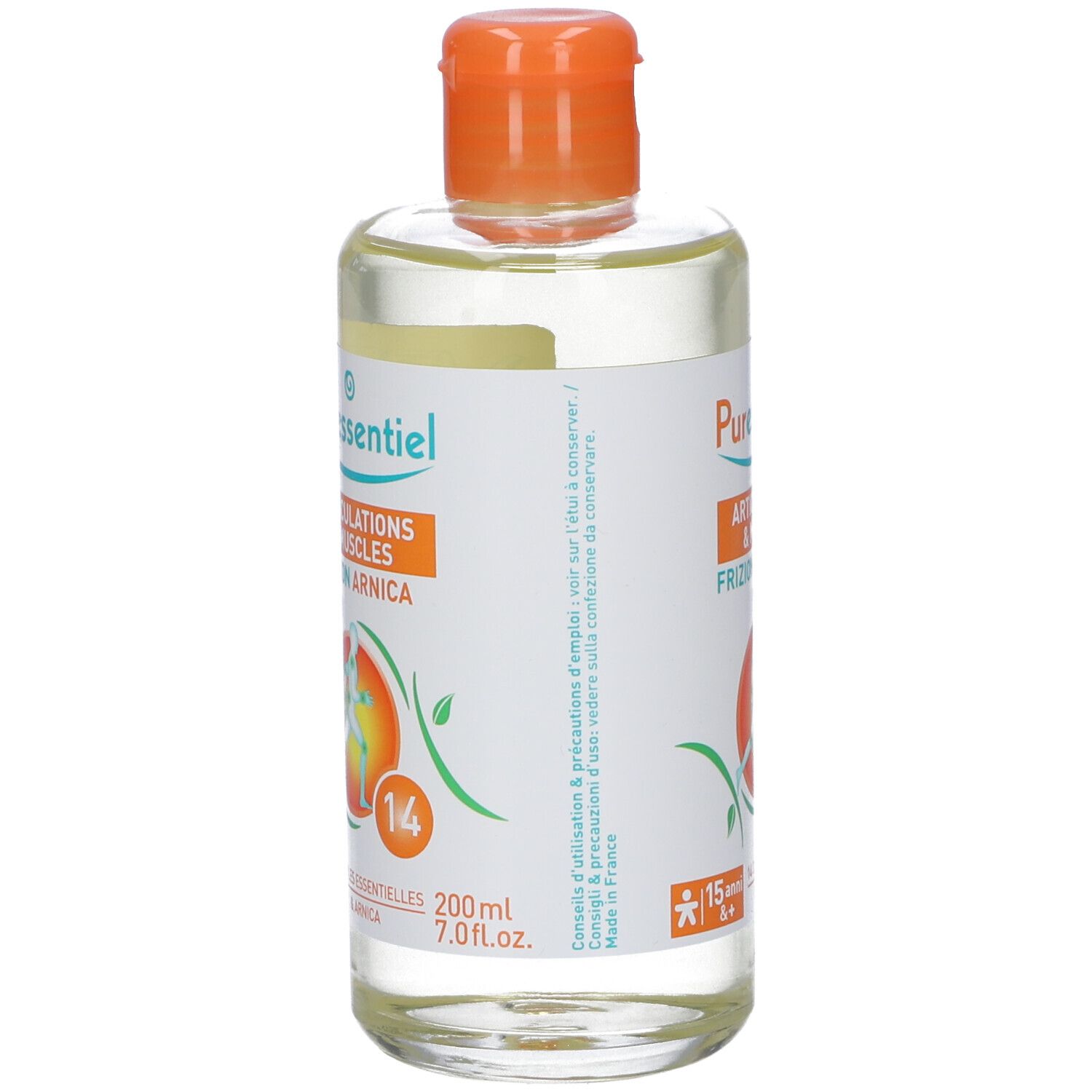 Flacone con tappo arancione. Scritta: Articolazioni & Muscoli Frizione Arnica. Contiene 14 oli essenziali.