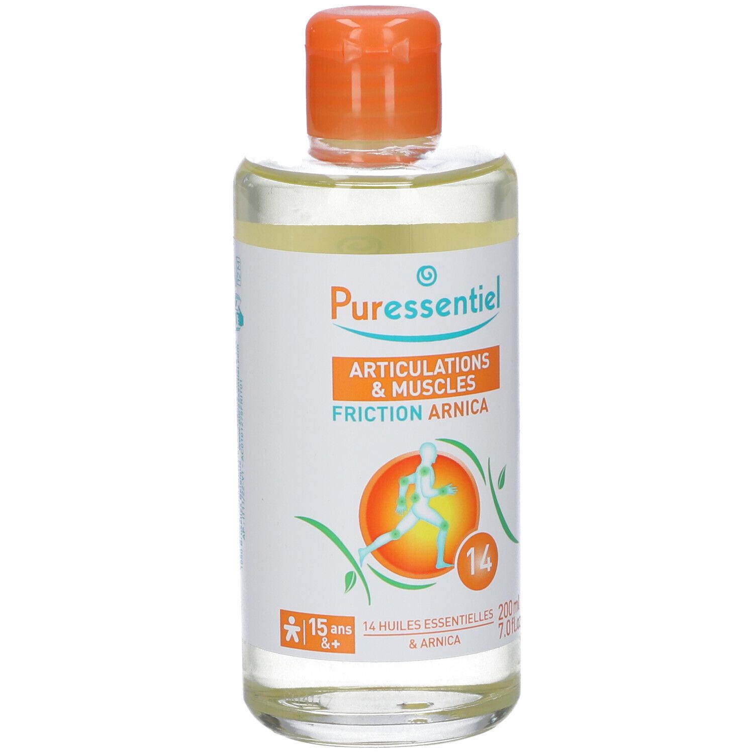 Flacone con tappo arancione. Scritta: Articolazioni & Muscoli Frizione Arnica. Contiene 14 oli essenziali.