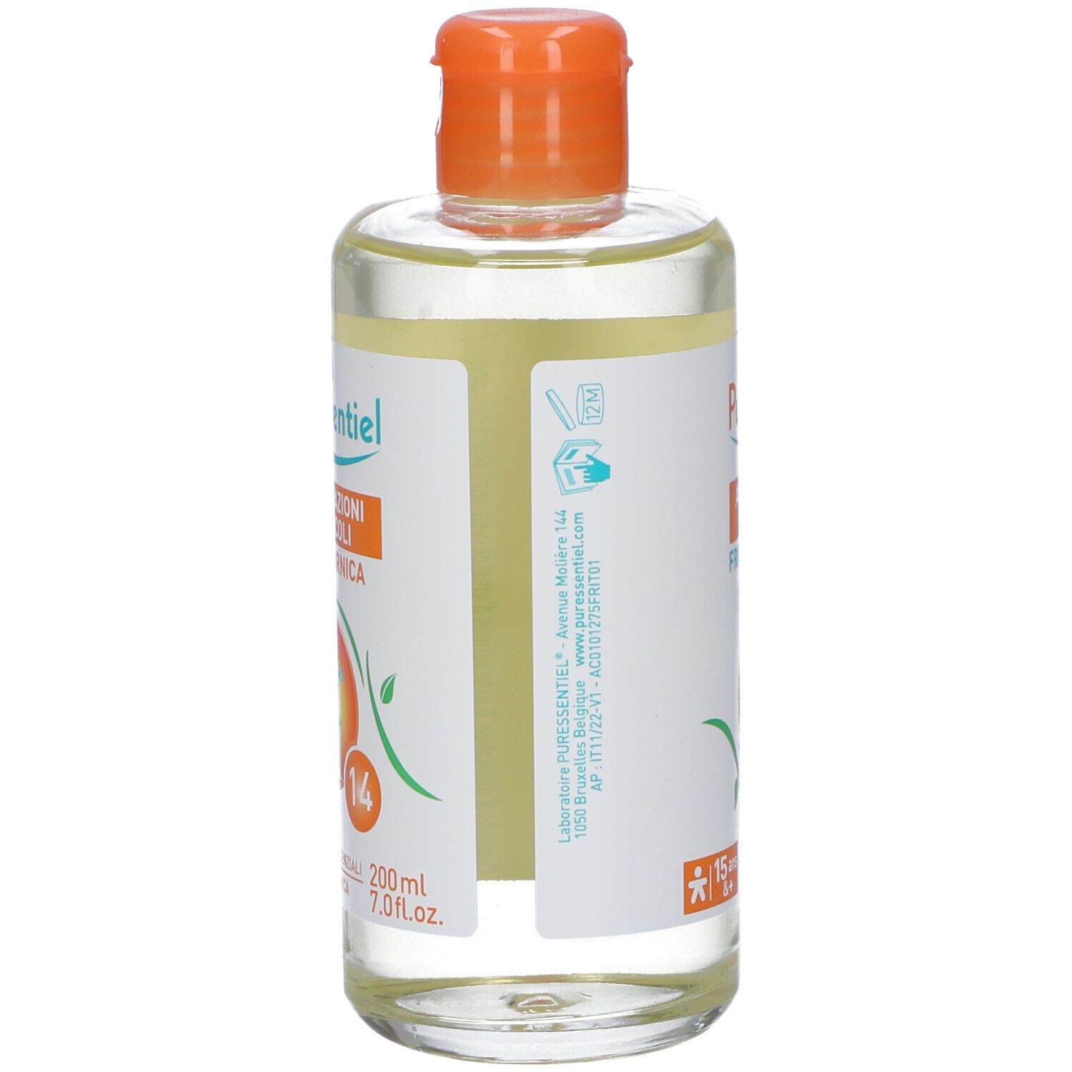 Flacone con tappo arancione. Scritta: Articolazioni & Muscoli Frizione Arnica. Contiene 14 oli essenziali.