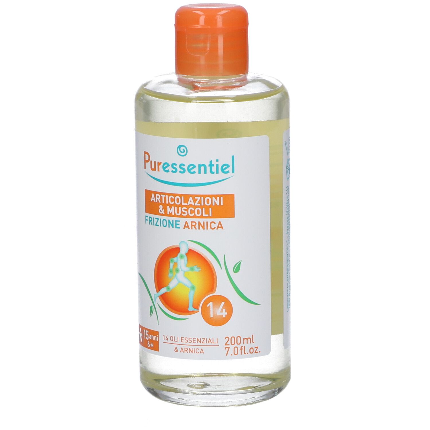 Flacone con tappo arancione. Scritta: Articolazioni & Muscoli Frizione Arnica. Contiene 14 oli essenziali.
