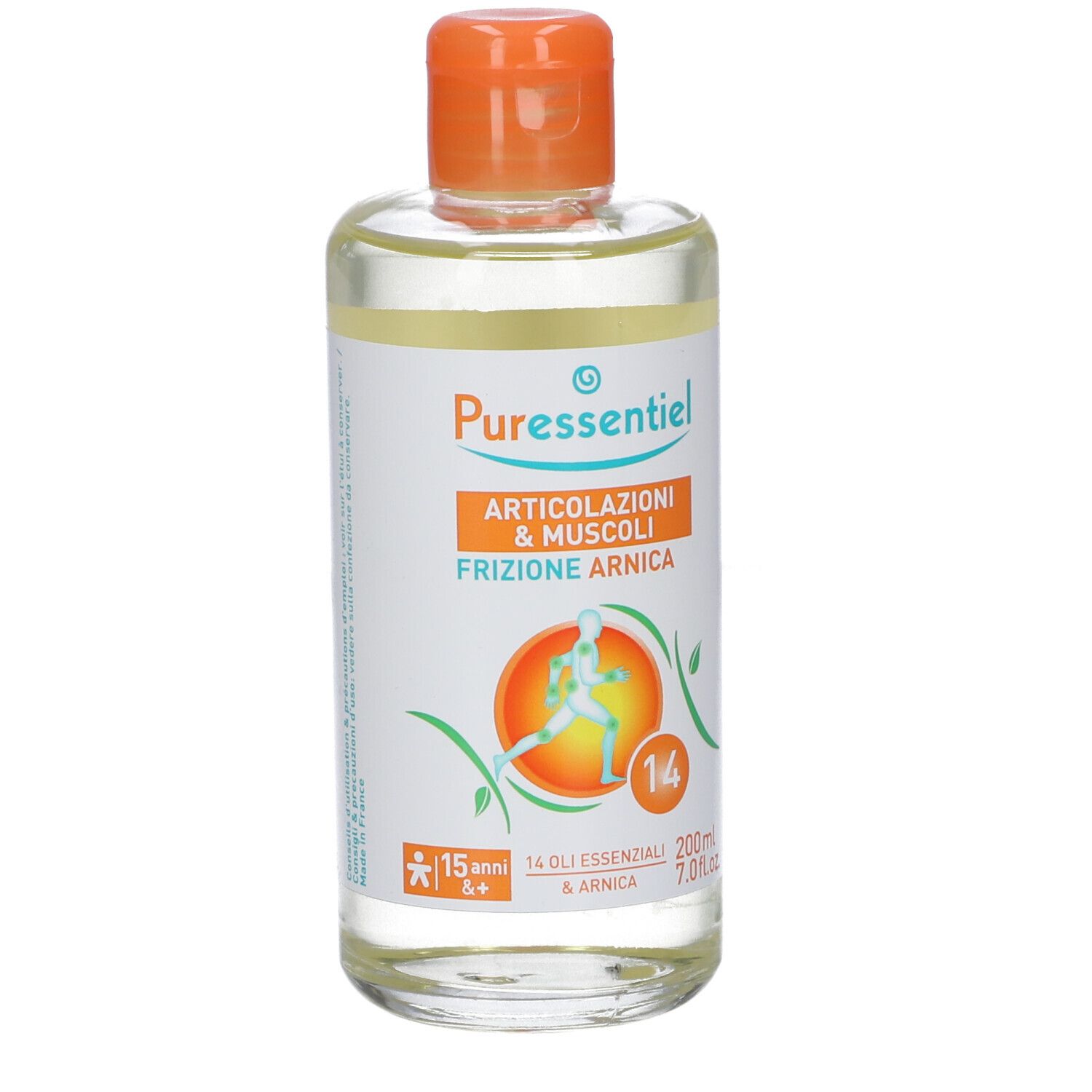 Flacone con tappo arancione. Scritta: Articolazioni & Muscoli Frizione Arnica. Contiene 14 oli essenziali.