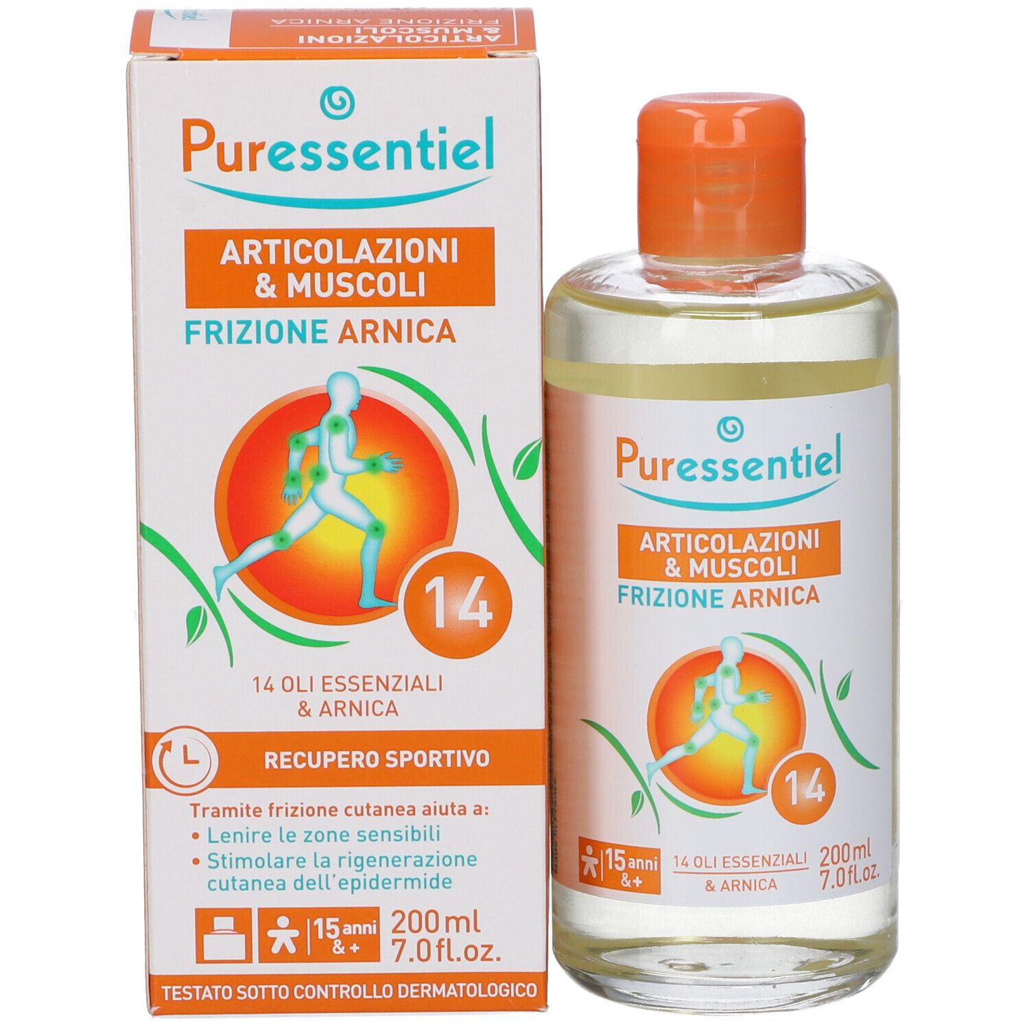 Flacone e confezione. Scritta: Articolazioni & Muscoli Frizione Arnica. Contiene 14 oli. Controllo dermatologico.