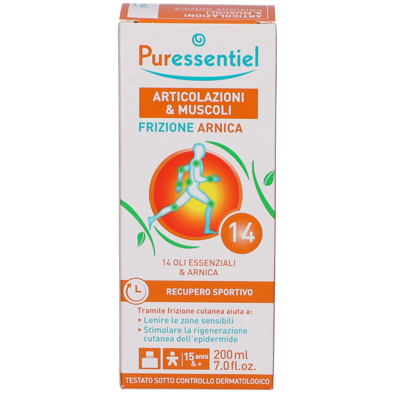 Confezione. Scritta: Articolazioni & Muscoli Frizione Arnica. Contiene 14 oli. Controllo dermatologico.