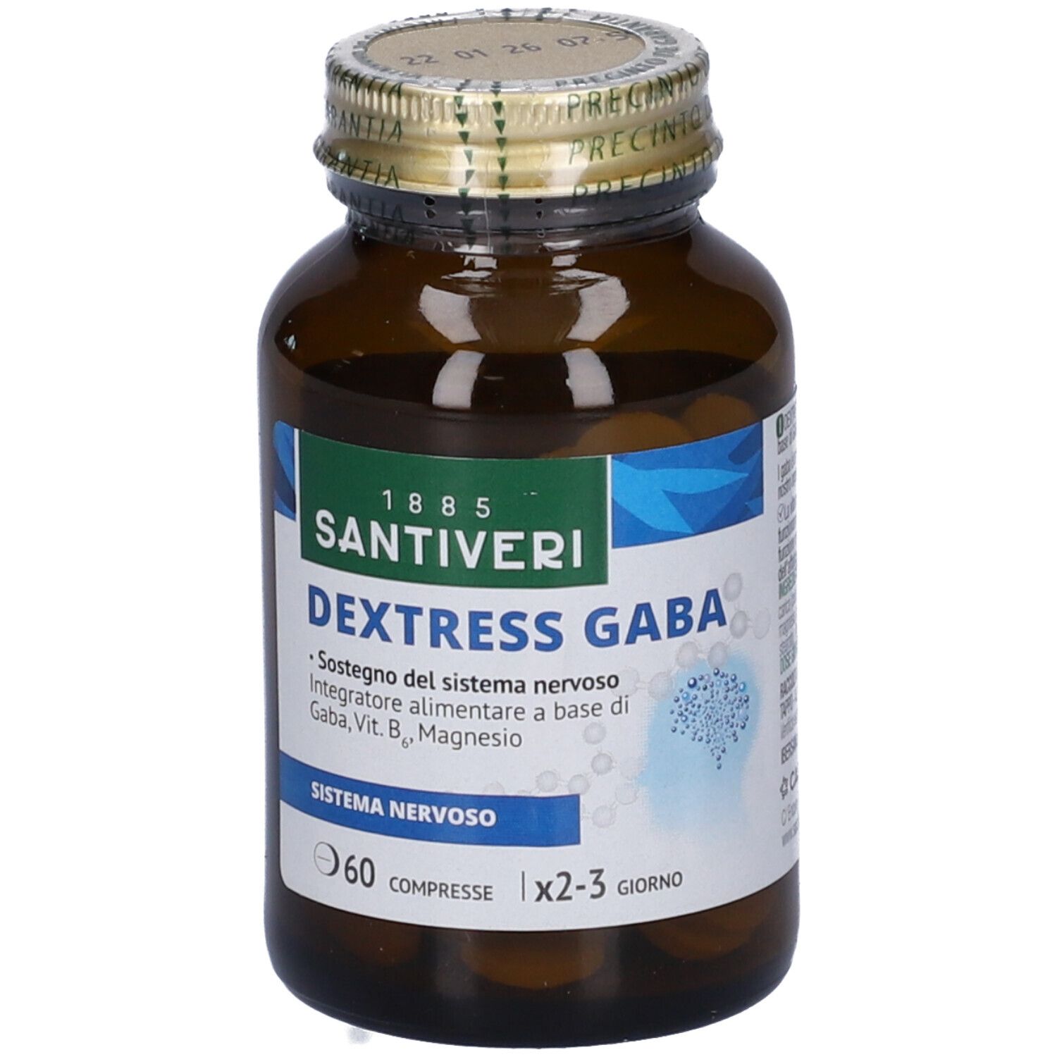 Flacone di vetro marrone con compresse. Etichetta "Dextress GABA" e "60 Compresse". Tappo dorato.