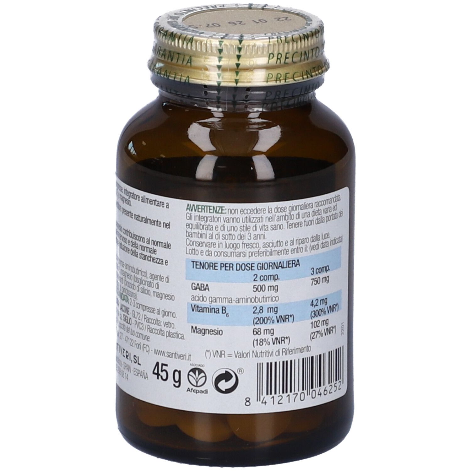 Flacone di vetro marrone con compresse. Retro con testo. Tappo dorato. "45 g" e informazioni nutrizionali.