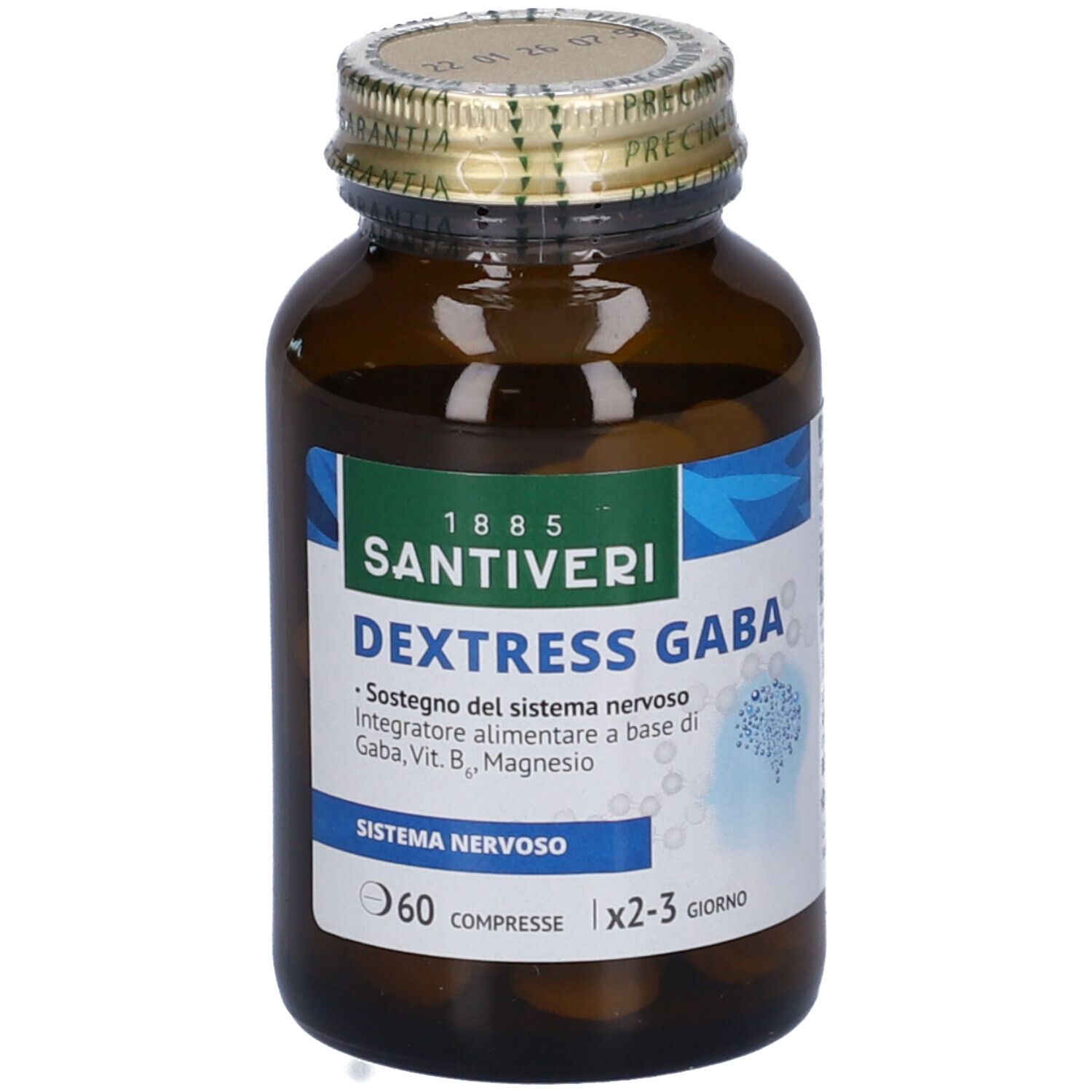 Flacone di vetro marrone con compresse. Etichetta "Dextress GABA" e "60 Compresse". Tappo dorato.