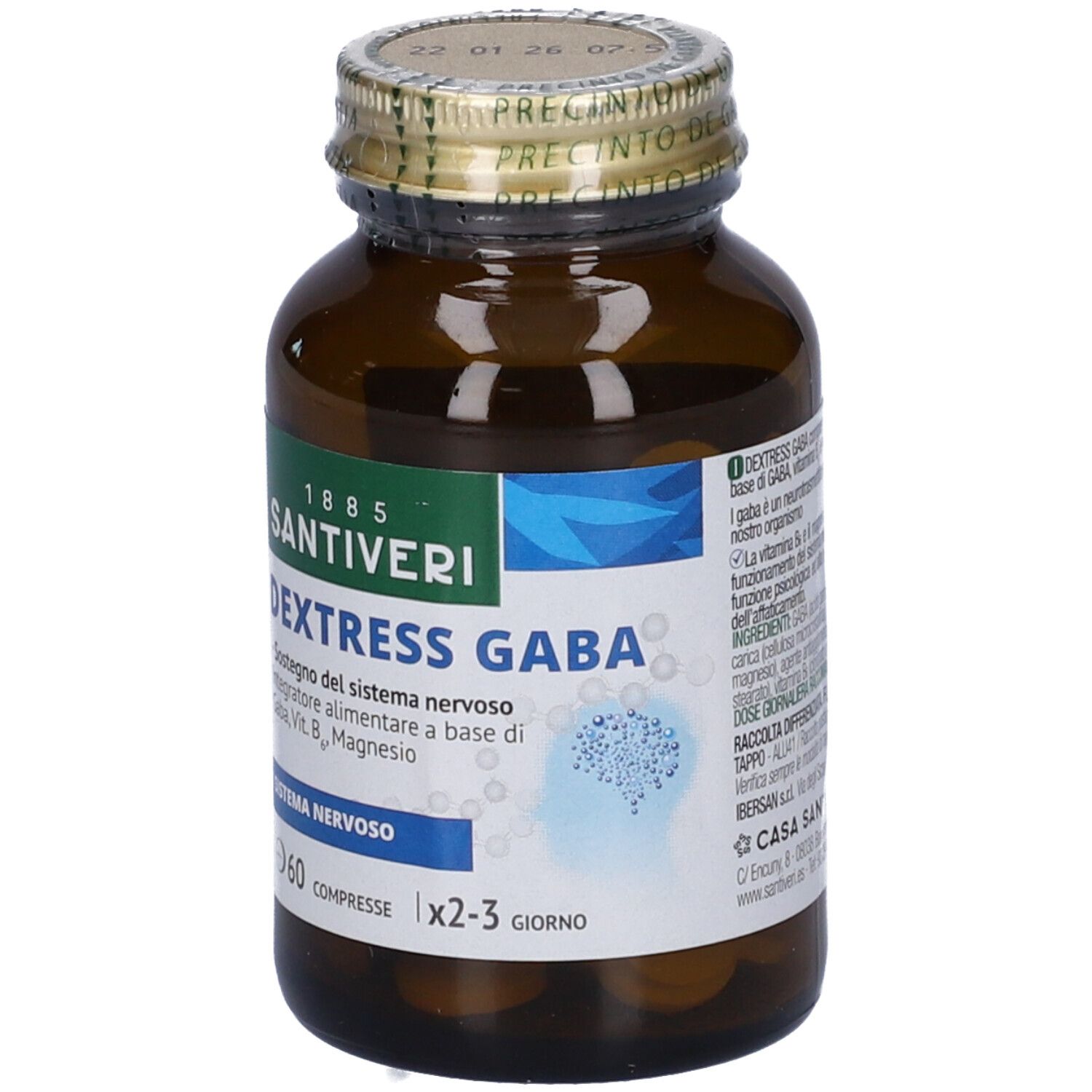 Flacone di vetro marrone con compresse. Etichetta "Dextress GABA" e "60 Compresse". Tappo dorato.