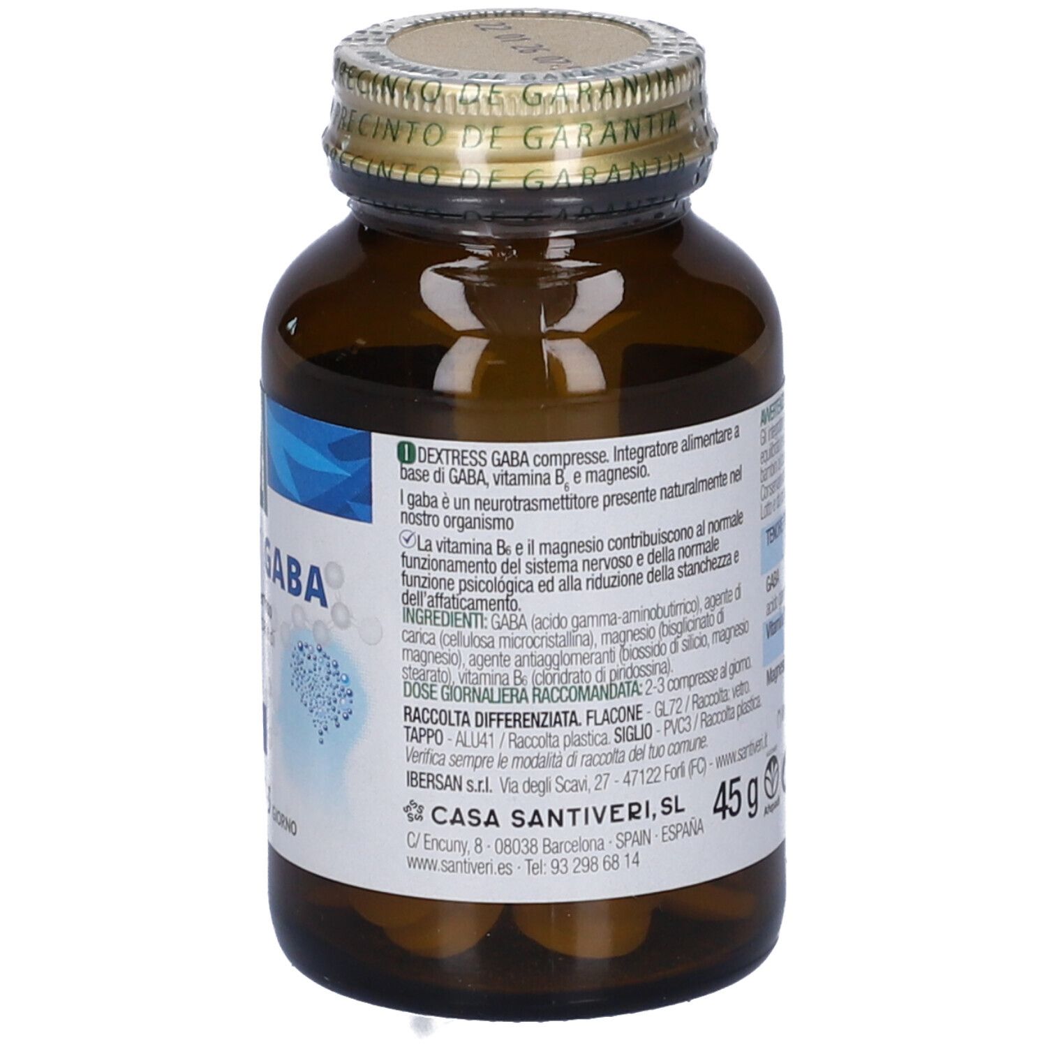 Flacone di vetro marrone con compresse. Etichetta "Dextress GABA" e testo. Tappo dorato. "45 g".