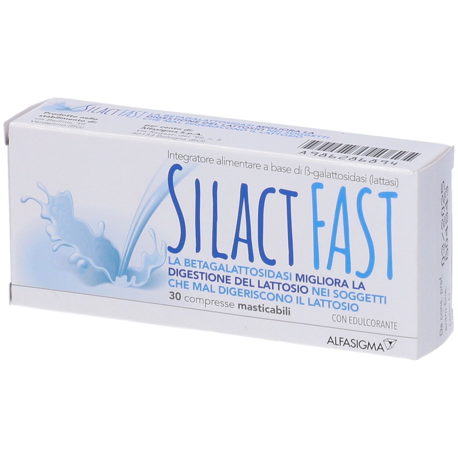 Scatola "SILACT FAST" con informazioni sul prodotto. Scritta e grafica blu. 30 compresse masticabili.
