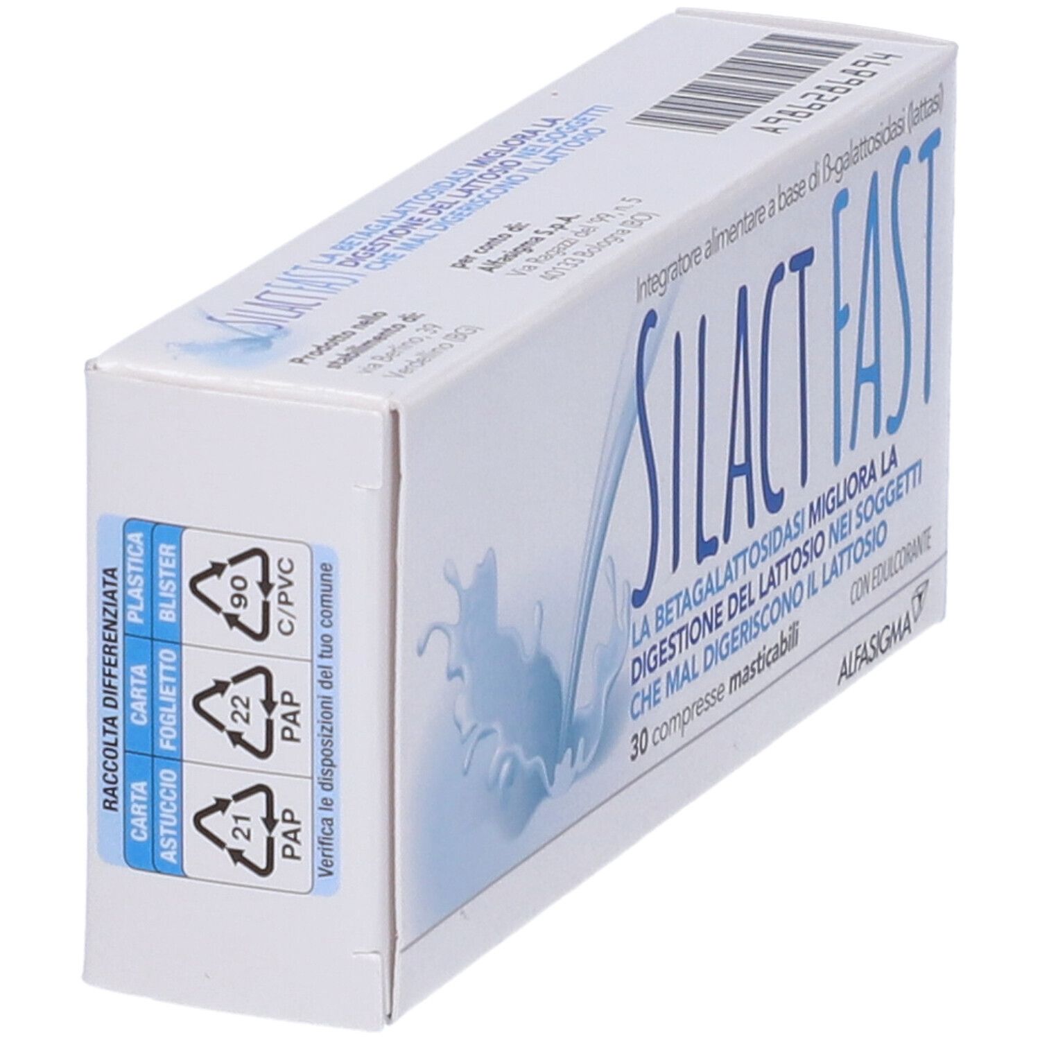 Scatola "SILACT FAST". Vista laterale con simboli di riciclaggio e codice a barre. Scritta blu.