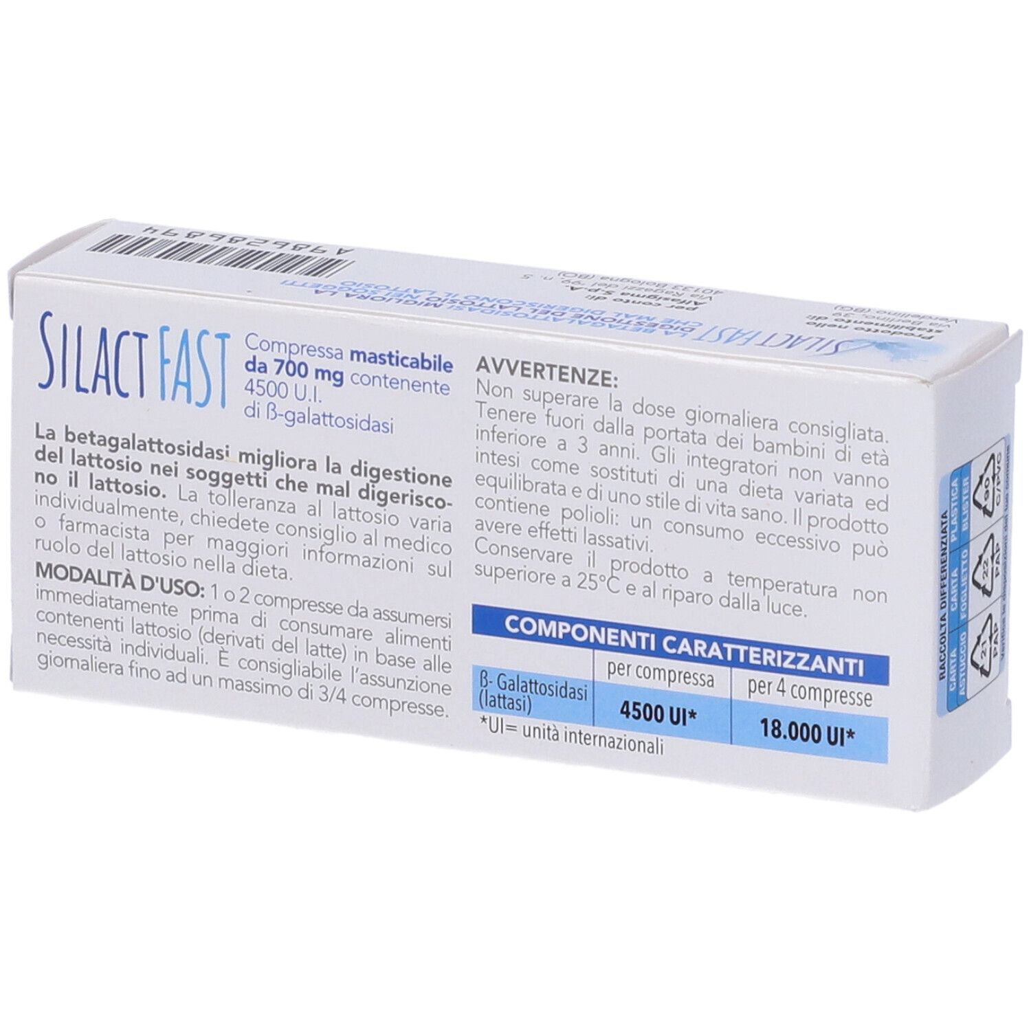 Retro della scatola "SILACT FAST". Informazioni sul prodotto, ingredienti e avvertenze. Scritta blu.