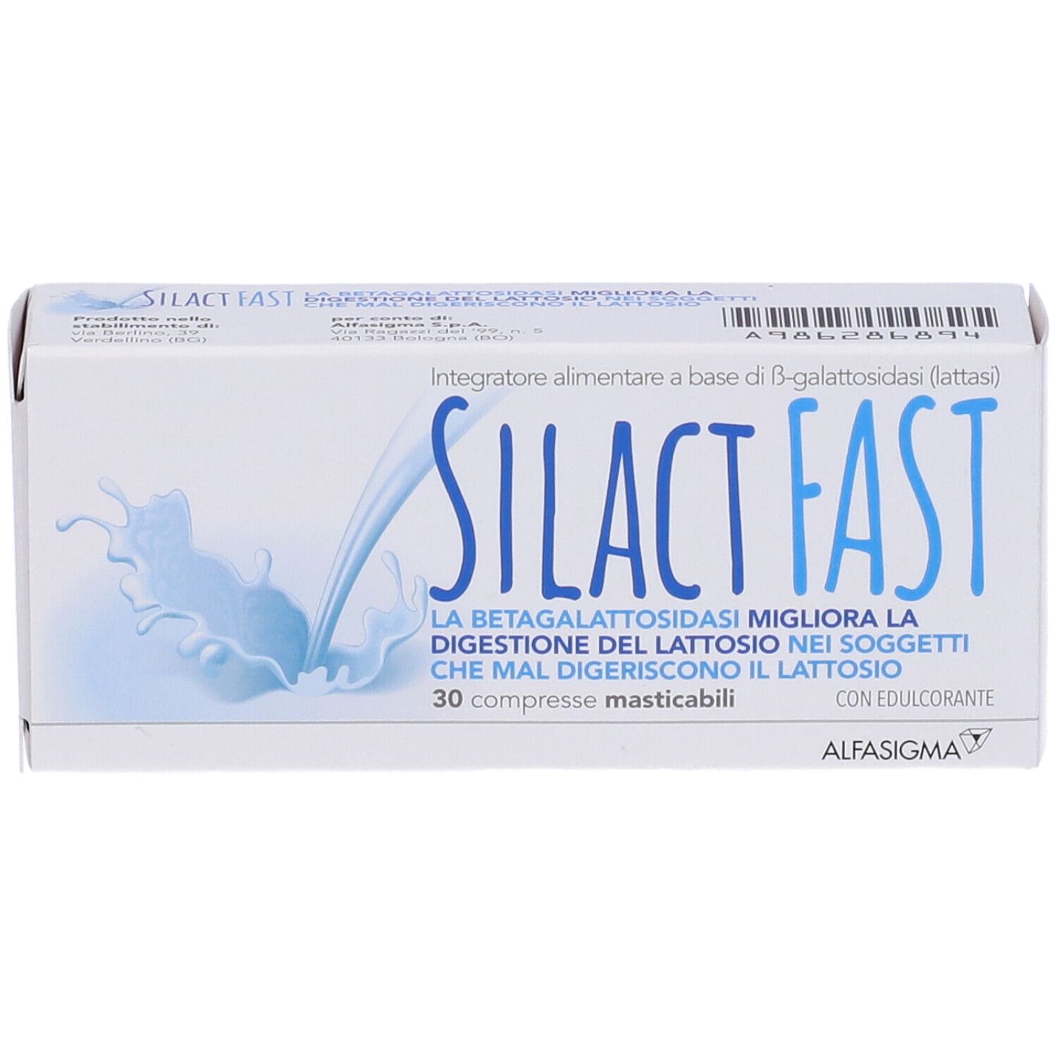 Scatola "SILACT FAST". Vista frontale con nome del prodotto e grafica. Scritta e grafica blu.