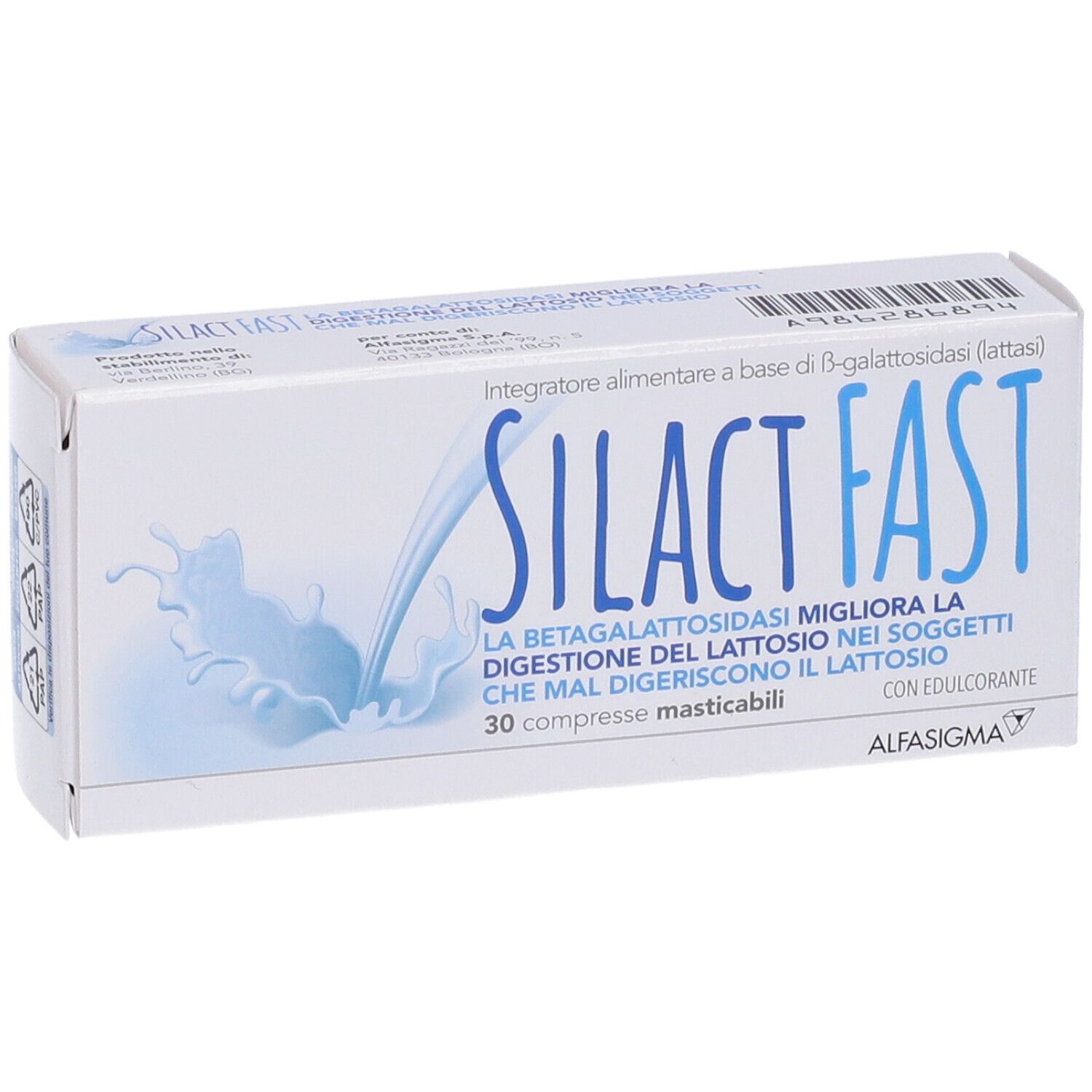 Scatola "SILACT FAST". Vista frontale con nome del prodotto e grafica. Scritta e grafica blu.