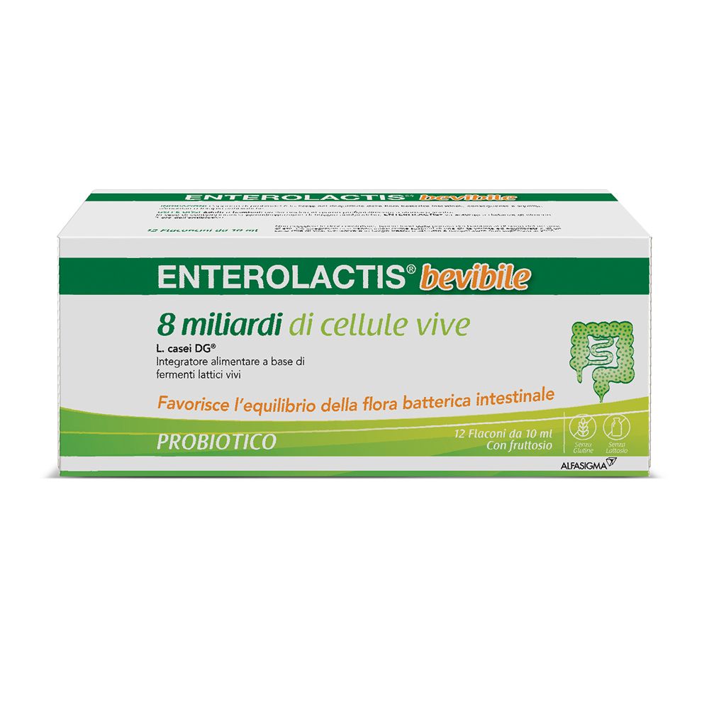 Confezione di Enterolactis bevibile. Contiene 12 flaconcini. Scritta: 8 miliardi di cellule vive. Probiotico.