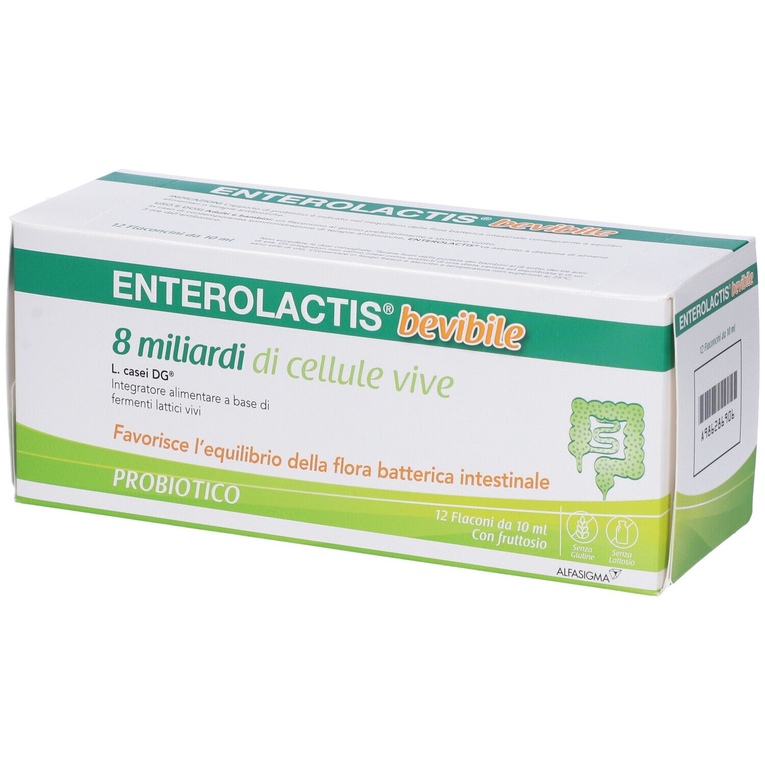 Confezione di Enterolactis bevibile. Contiene 12 flaconcini. Scritta: 8 miliardi di cellule vive. Probiotico.