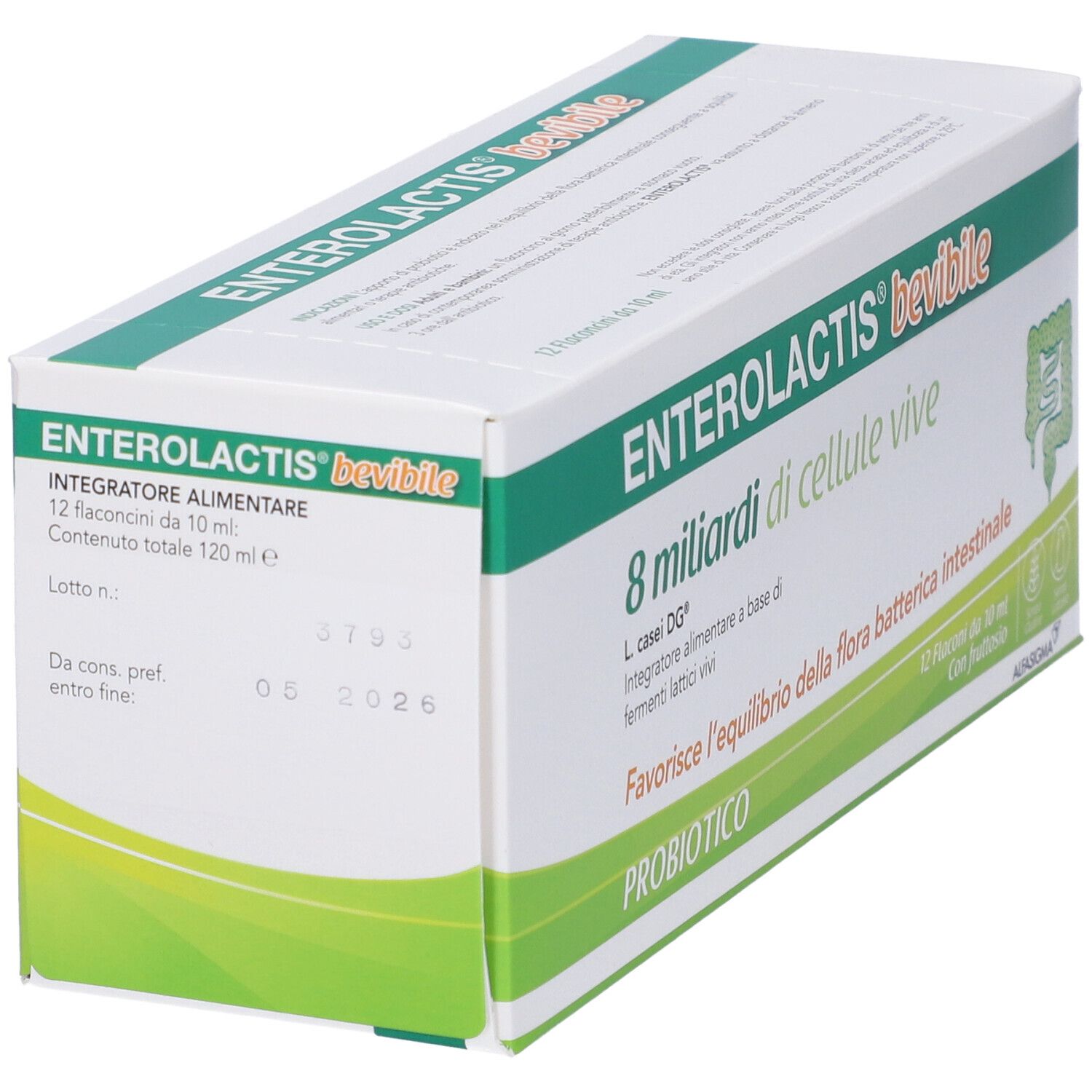 Confezione di Enterolactis bevibile. Contiene 12 flaconcini. Scritta: 8 miliardi di cellule vive. Probiotico.