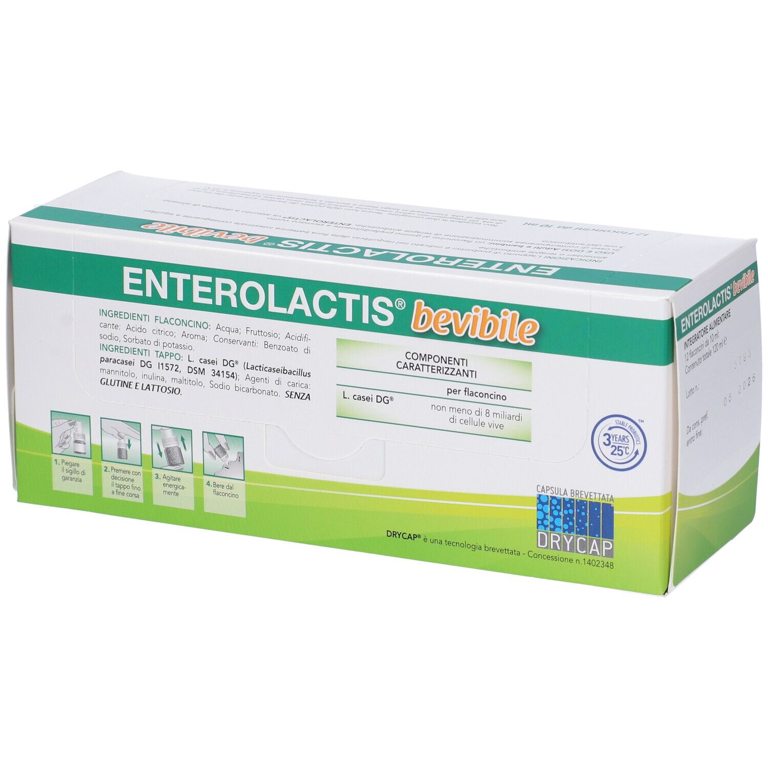 Confezione di Enterolactis bevibile. Contiene 12 flaconcini. Scritta: 8 miliardi di cellule vive. Probiotico.