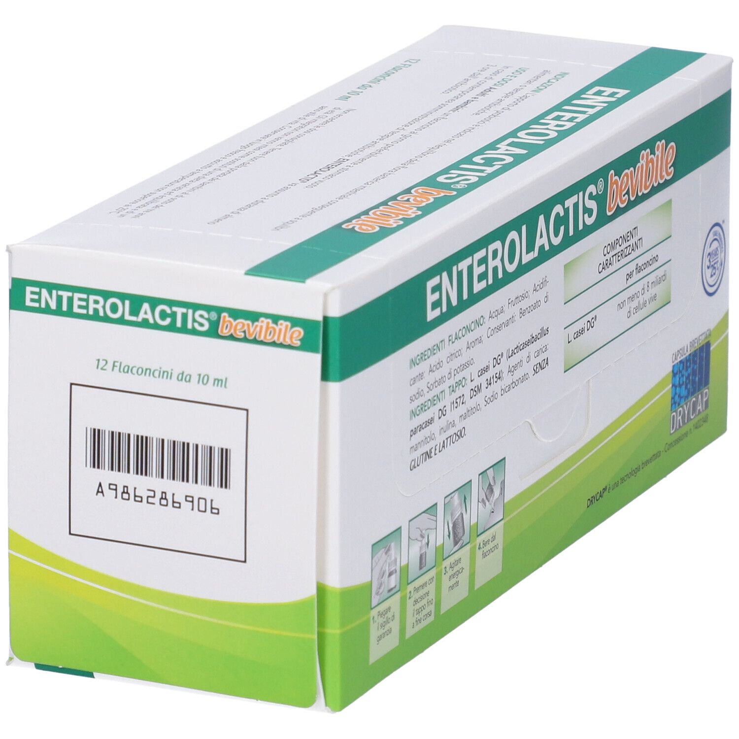 Confezione di Enterolactis bevibile. Contiene 12 flaconcini. Scritta: 8 miliardi di cellule vive. Probiotico.